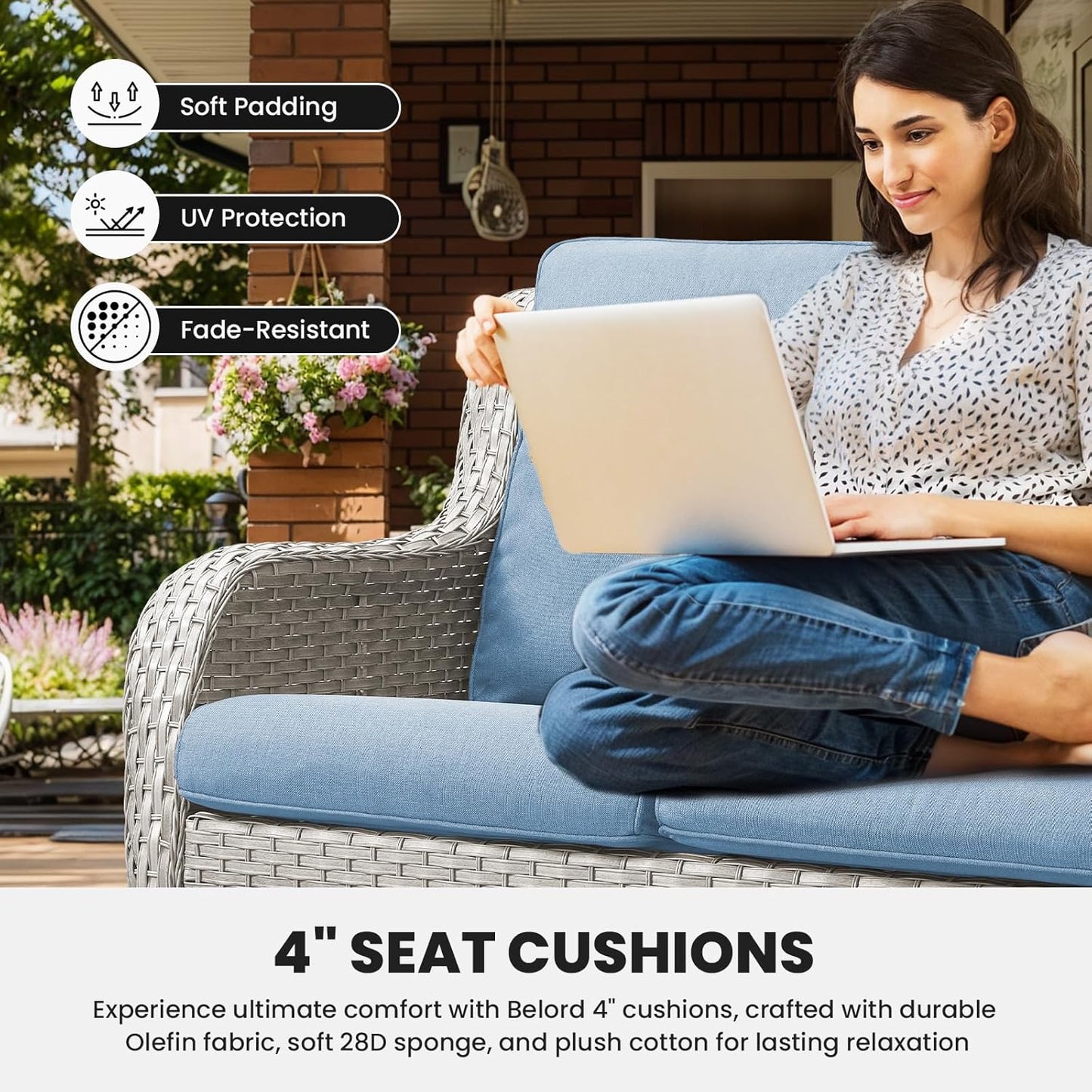 Outdoor Sofa Couch Wicker Furniture 3-Seater Rattan Sofa Patio Furniture Set with Washable 4“ Baby Blue Cushions