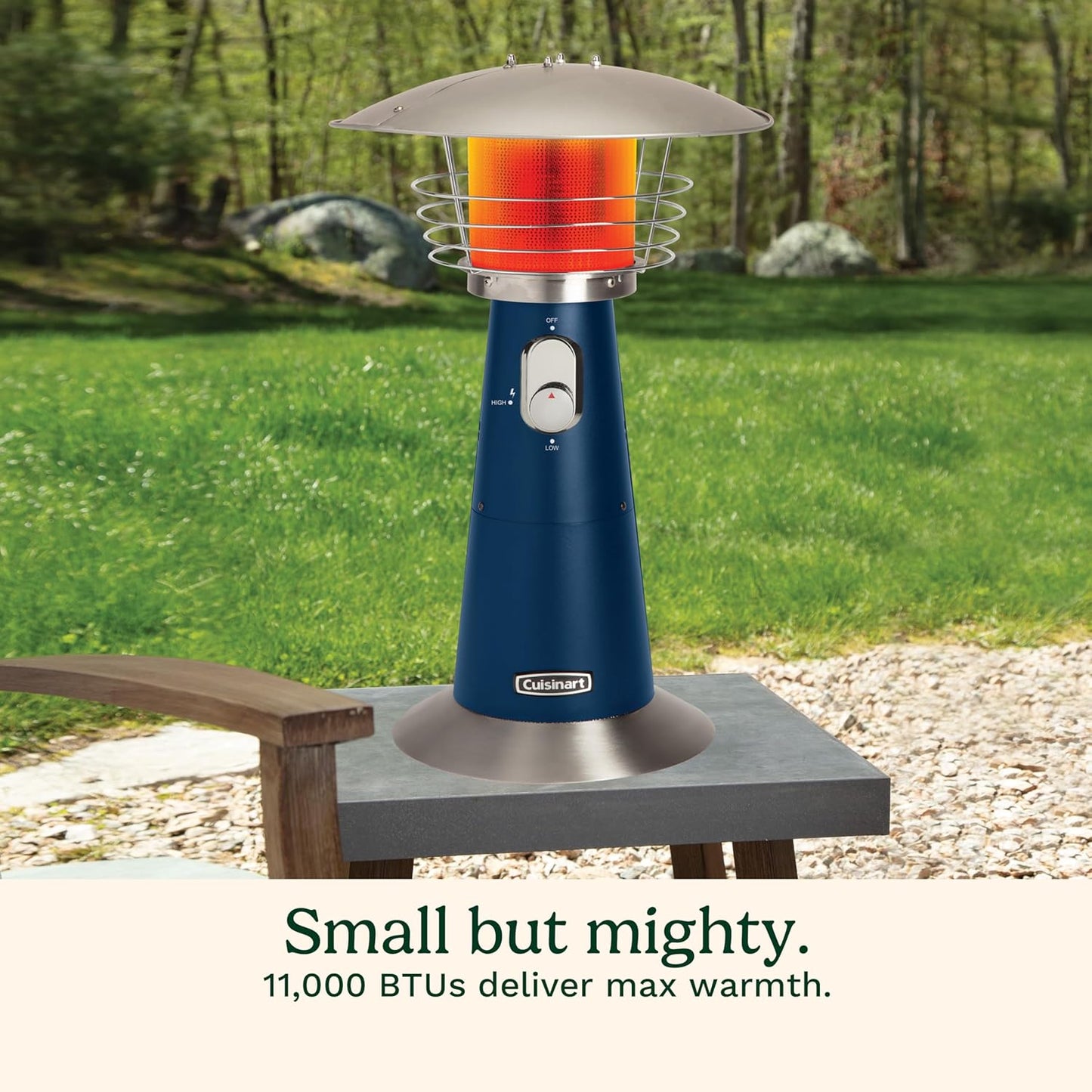 Cuisinart Portable Tabletop Patio Heater, 11,000 BTU Outdoor Propane Heater with Safety Tilt Switch and Adjustable Heat, Burner Screen Guard, 30 sq. Foot Heat Range, Navy
