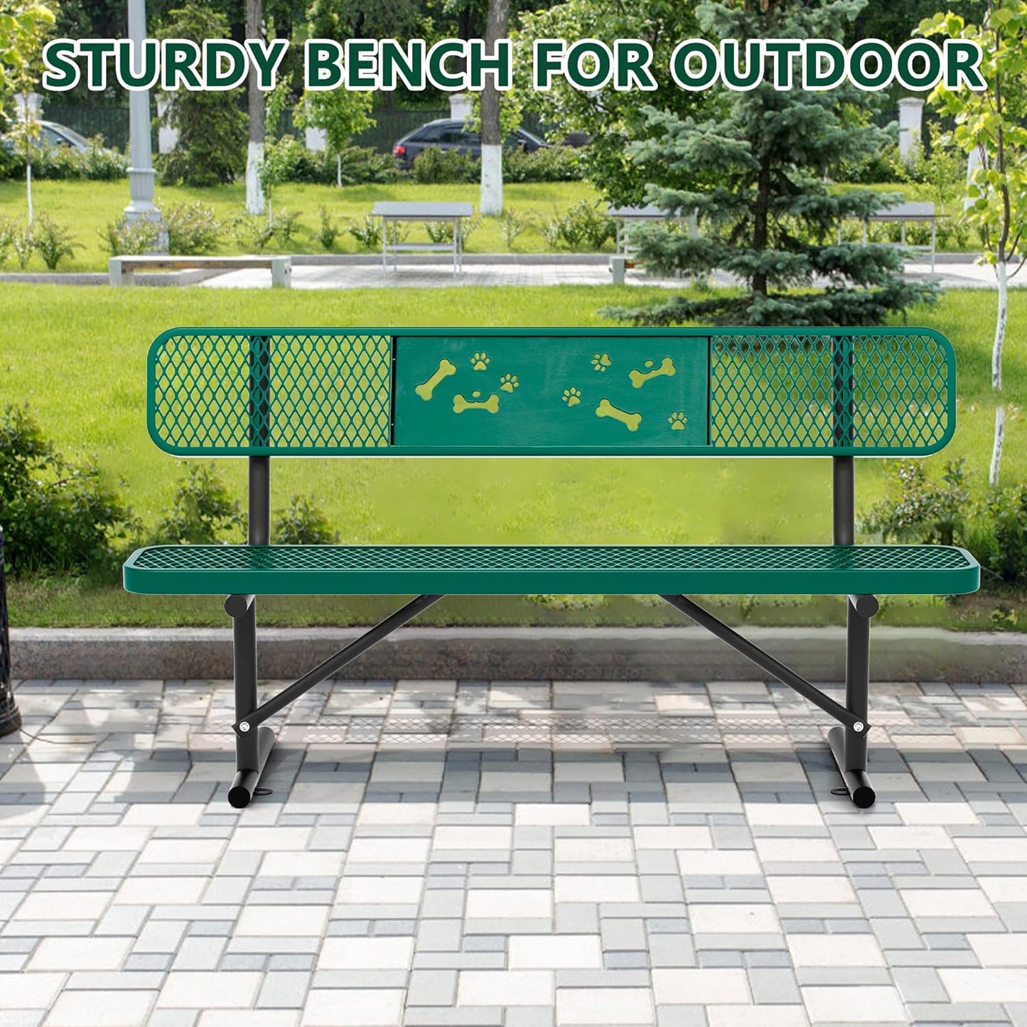 6 Feet Steel Park Bench for Outside, Outdoor Bench with Backrest & Portable Frame, Commercial Benches for Parks, School, Patio, Deck, Store,Green