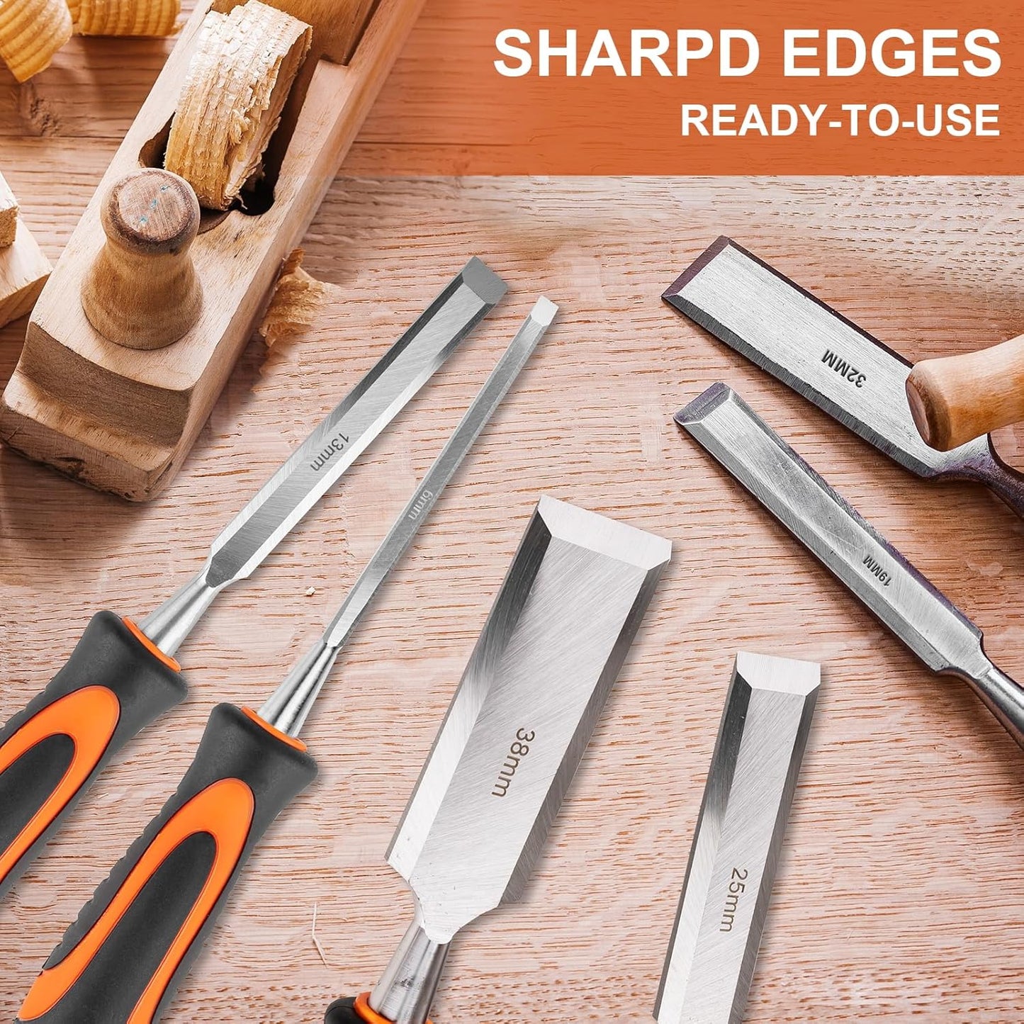 10Pcs Wood Chisel Sets, 6Pcs Premium Wood Chisels with Honing Guide, Sharpening Stone & Carpenter Pencils, Wood Carving Tools Kit for DIY & Professional Use (6-38mm)