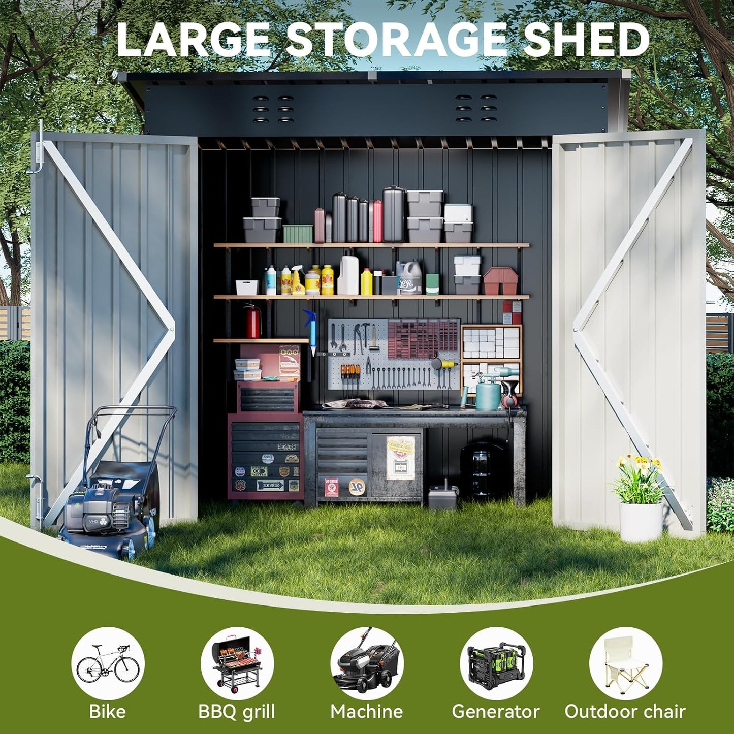 COMHOMA Shed Outdoor Storage Shed Metal,Lockable Doors Tool Sheds with Sloping Roof,Steel Garden Shed with Air Vent for Backyard,Patio,Lawn,Poolside (Black, 6'*4')
