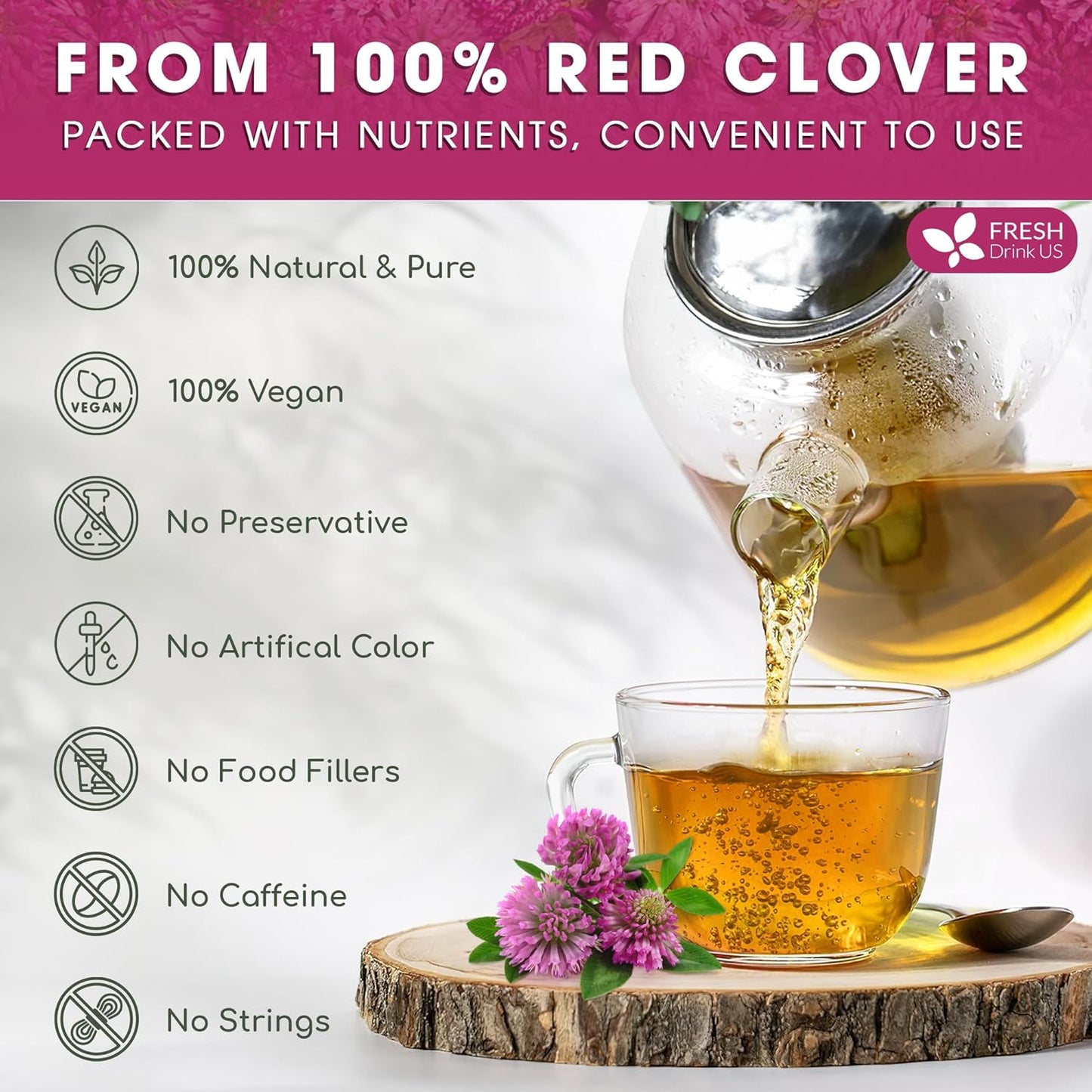 FreshDrinkUS, Premium Red Clover Herbal Tea– 75 Tea Bags – Pure – Naturally Smooth & Mild Flavor – Premium Quality, Eco-Conscious Packaging. Caffeine-Free. Gluten Free. Vegan