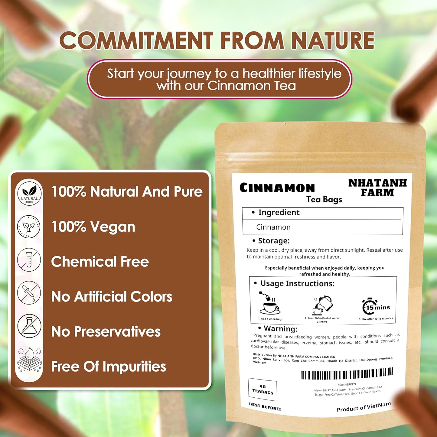 NHAT ANH FARM - Premium Cinnamon Tea Bags, 40 Teabags, 2g/bag, 100% Natural, Hand-Selected Cinnamon Tea Bags, No Additives, Sugar-Free,Caffeine-Free. Good For Your Health.