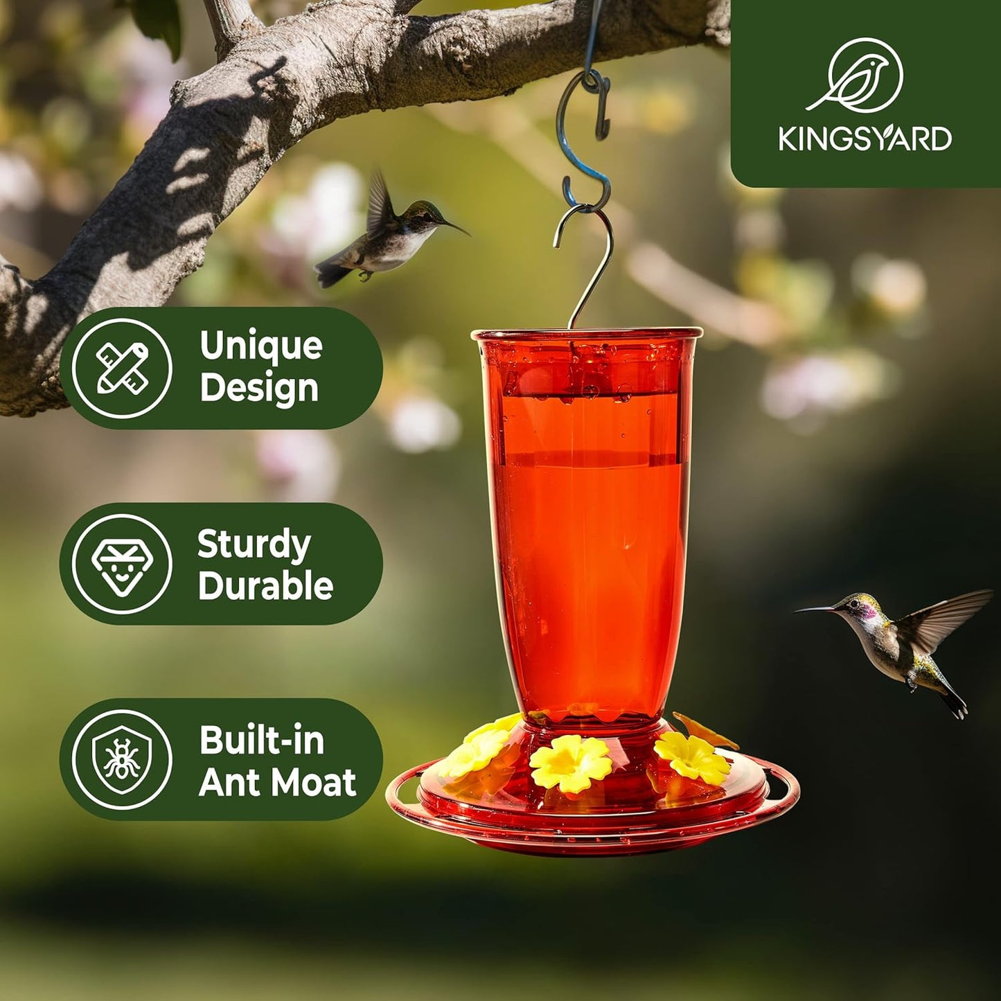 Kingsyard 2 Pack Hummingbird Feeder for Outdoors Hanging - 6 Bee Guard Feeding Ports & Built-in Ant Moat, Wild Bird Feeder for Outside Garden Yard Patio 16 Oz, Red