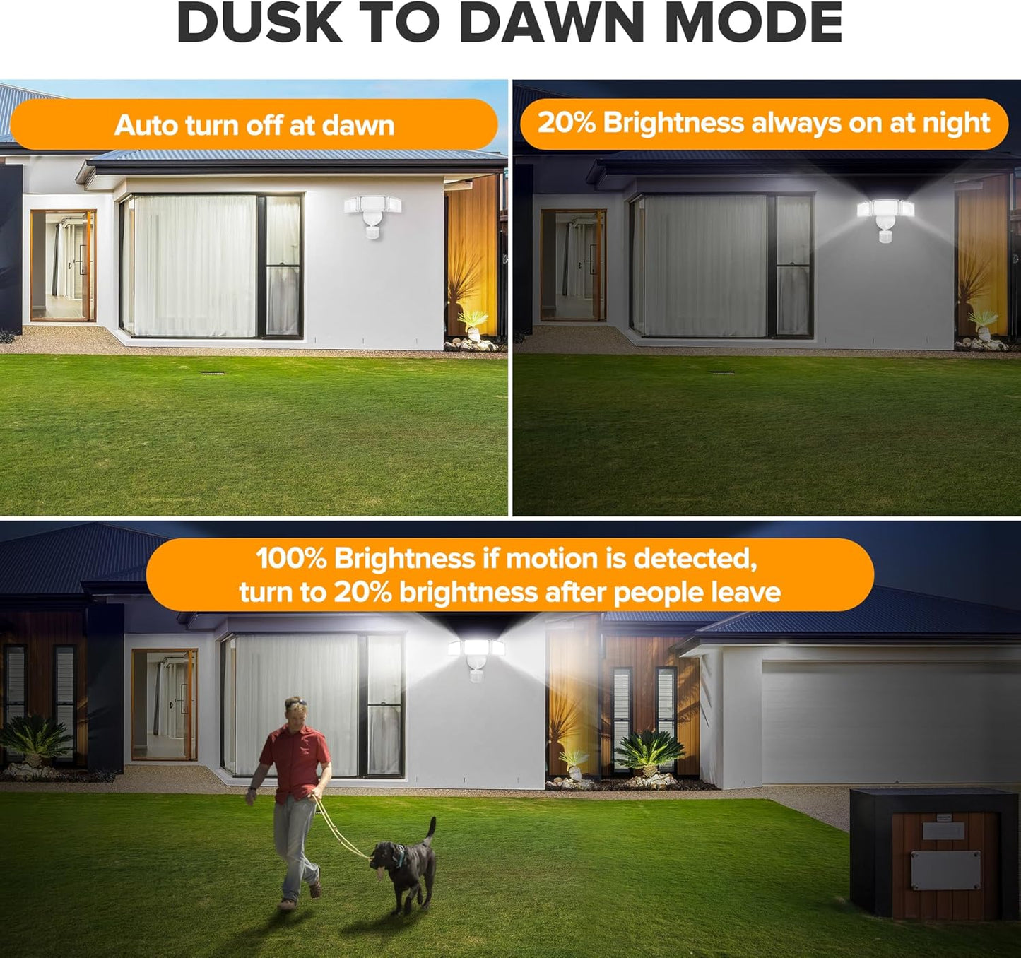 UME 2 Pack 5500LM LED Security Lights Motion Sensor Light Outdoor, 49W, 5000K Daylight, IP65 Waterproof, Dusk to Dawn, 3 Head Motion Detected Flood Light for Garage, Yard, Porch (White)