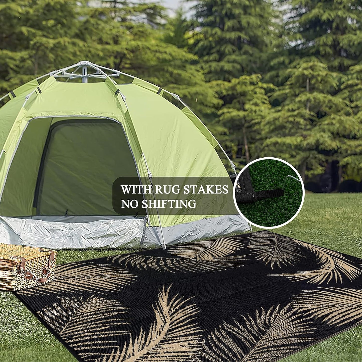 Pauwer Waterproof Outdoor Rug 8x10, Reversible Plastic Straw Patio Camping Rug, Indoor Outdoor RV Mat Carpet for Deck, Camper, Porch, Balcony, Backyard, Picnic, Leaf Black Brown