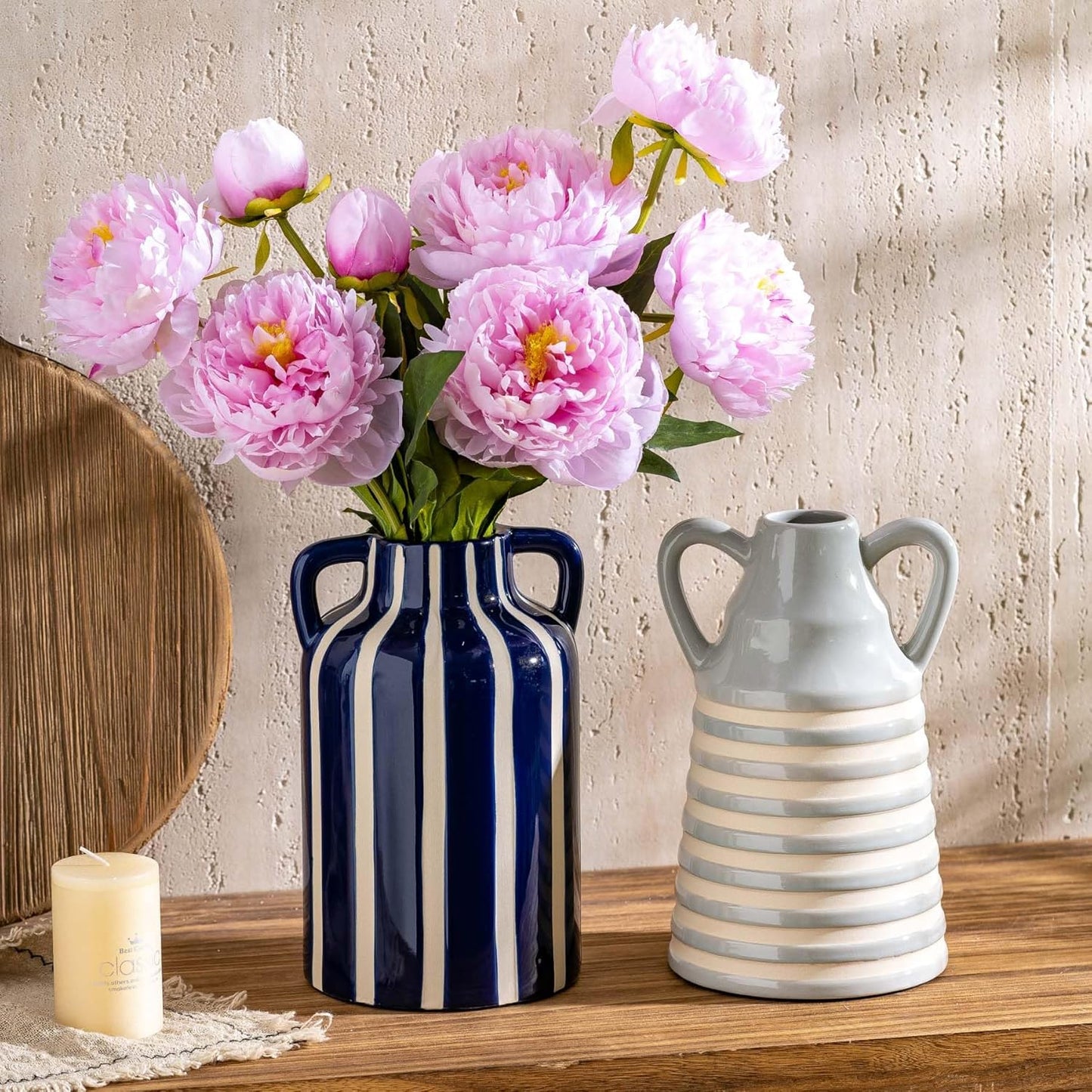 Ceramic Blue and White Checkered Stripes Vase with Handles, Modern Bohemian Floral Navy Blue Vases for Centerpieces, Cottage Core Home Decor, Flower Vases for Bouquet Mantle Bedroom Bookshelf 9.1 in