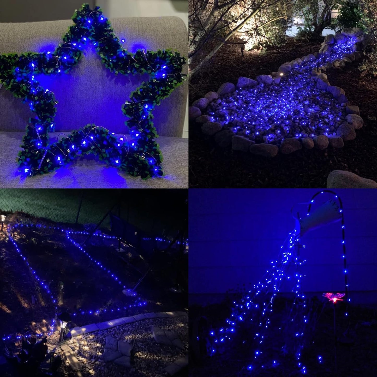 QITONG Blue Solar Fairy Lights, 4 Pack Each 33ft 100 LED String Lights Outdoor Waterproof, 8 Modes Silver Wire Twinkle Mini Lights