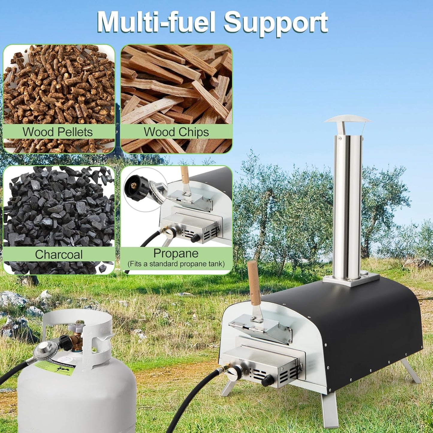 Giantex Pizza Oven Outdoor, Propane and Wood Fired Pizza Maker with 13" Pizza Stone, Pizza Peel, Gas Burner with Regulator, Built-in Thermometer, Portable Pizza Oven for Camping Backyard Party