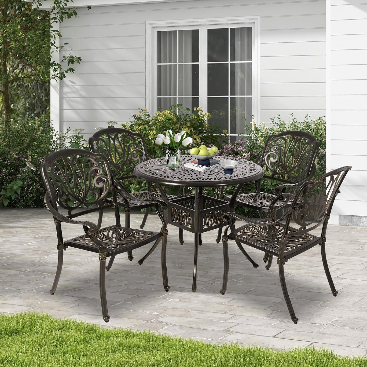 Cast Aluminum Outdoor Patio Dining Set, All Weather Outdoor Furniture Dining Set for Patio, Balcony, Lawn, Garden, Backyard (1 Round Table+4 Dining Chairs)