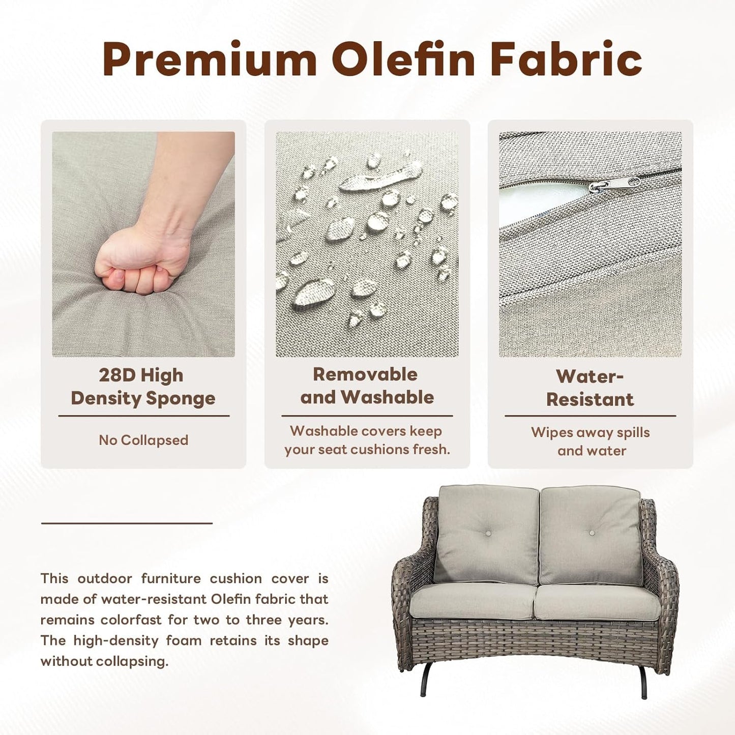 Spacious Outdoor Glider Bench - 500 LBS Weight Capacity Small Loveseat, 2 Seater Patio Gliders Furniture All Weather Wicker Couch with Removable Cushion for Deck Sunroom Balcony Backyard