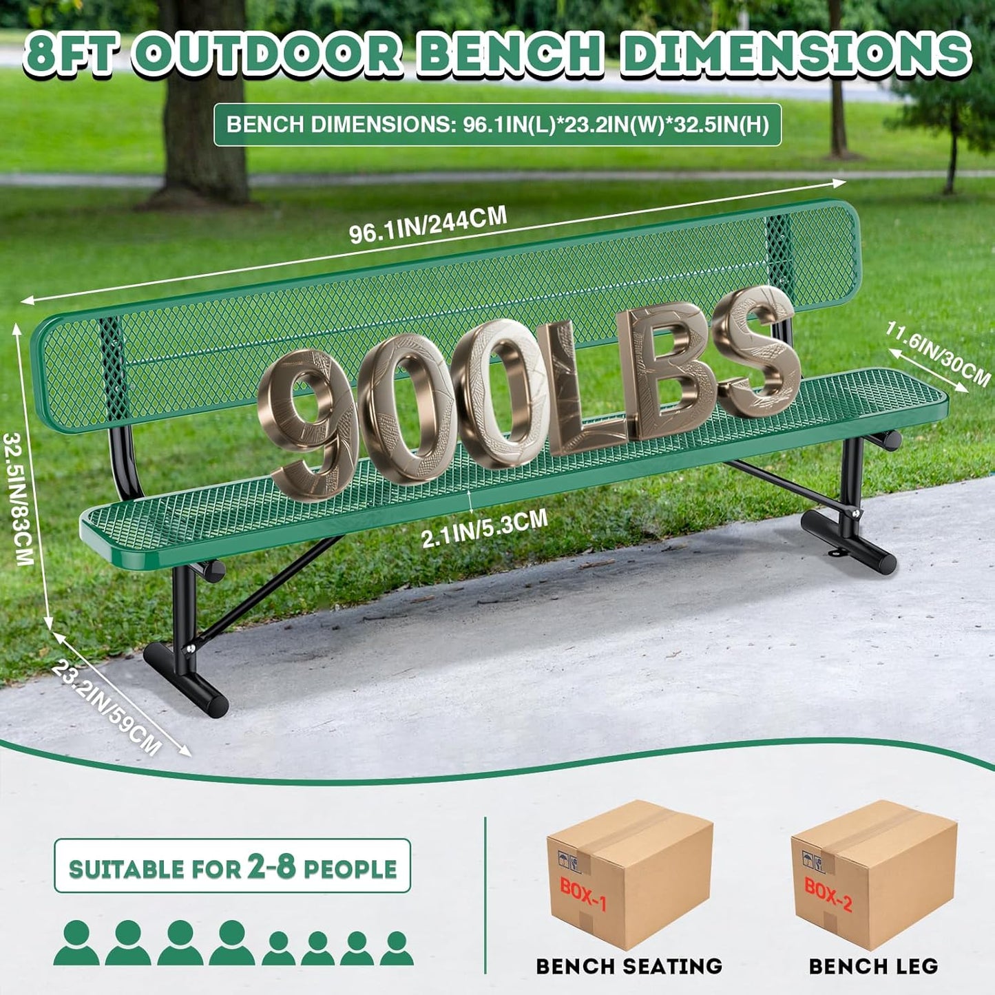 8Ft Heavy Duty Park Bench with Back Portable Frame, Outdoor Steel Bench with Backrest, Expanded Metal Mesh Bench for Lawn, Park, Deck, Garden, Patio, Porch, Green