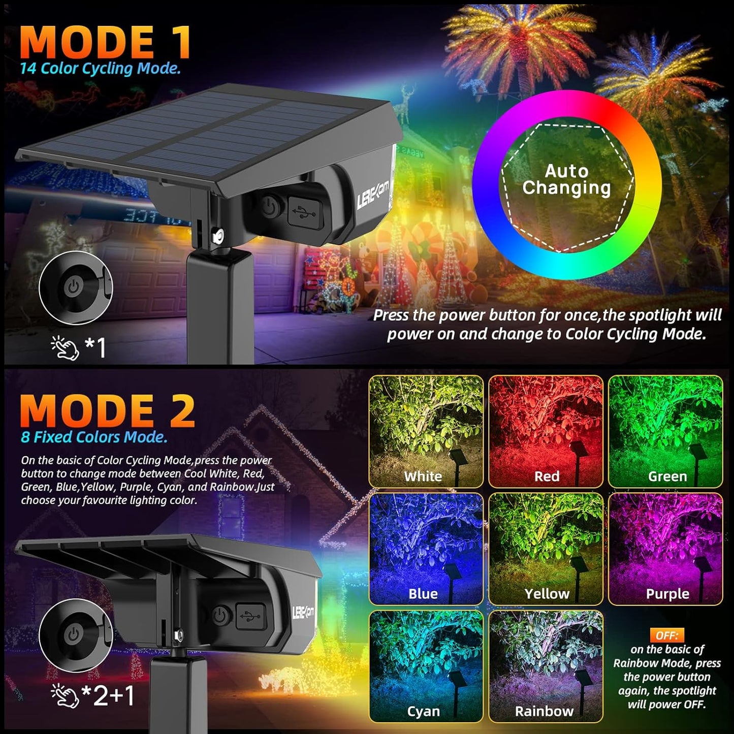 Solar Spotlights Outdoor, 40 LED s Color Changing RGB Waterproof Landscape Lights with 9 Light Modes, Colored Solar Spot Lights Auto On/Off, for Pathway Garden Pool Patio Yard