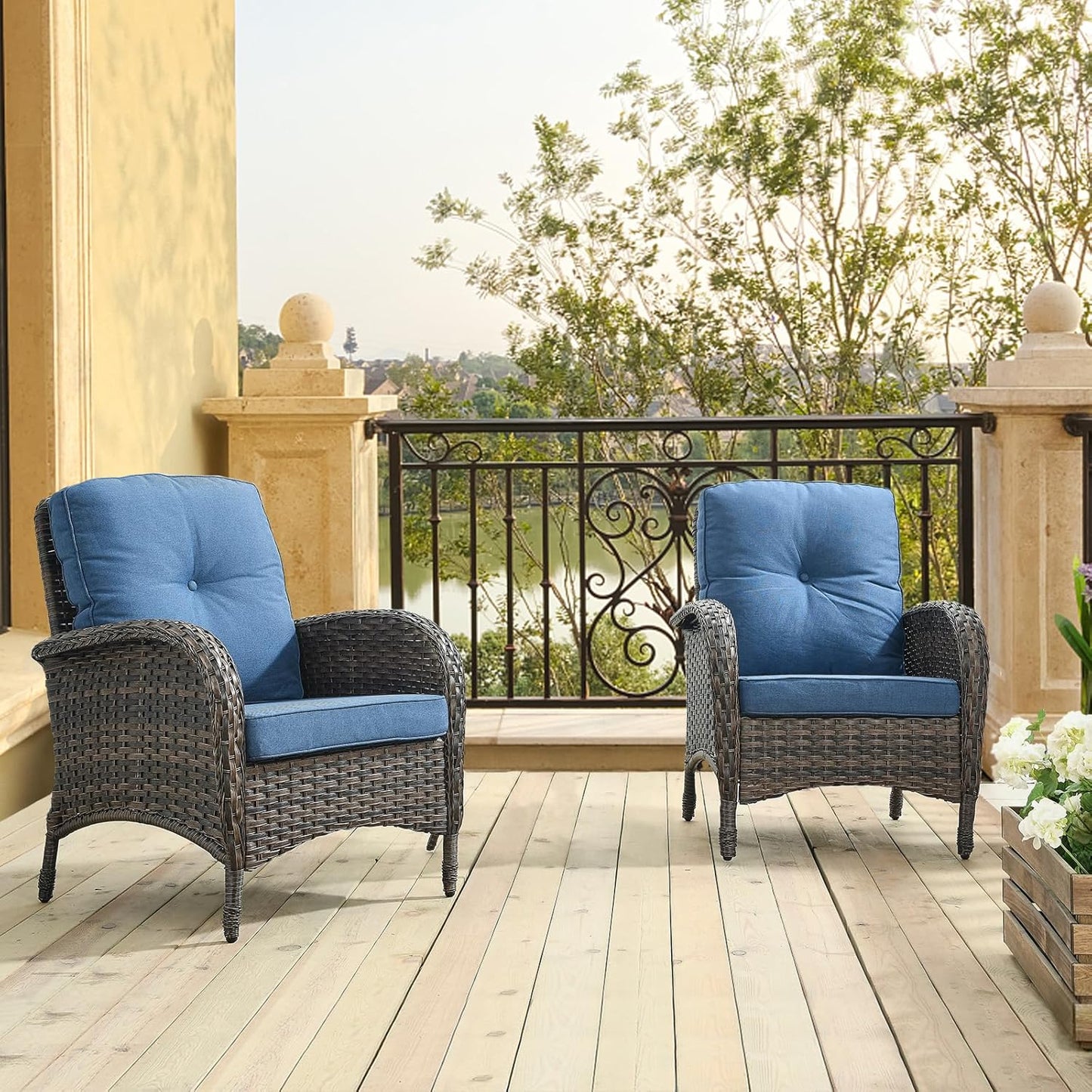 HUMMUH Outdoor Wicker Chairs Patio Dining Chairs Set of 2 with High Back and Deep Seat for Garden,Porch,Backyard,Balcony (Brown/Blue)