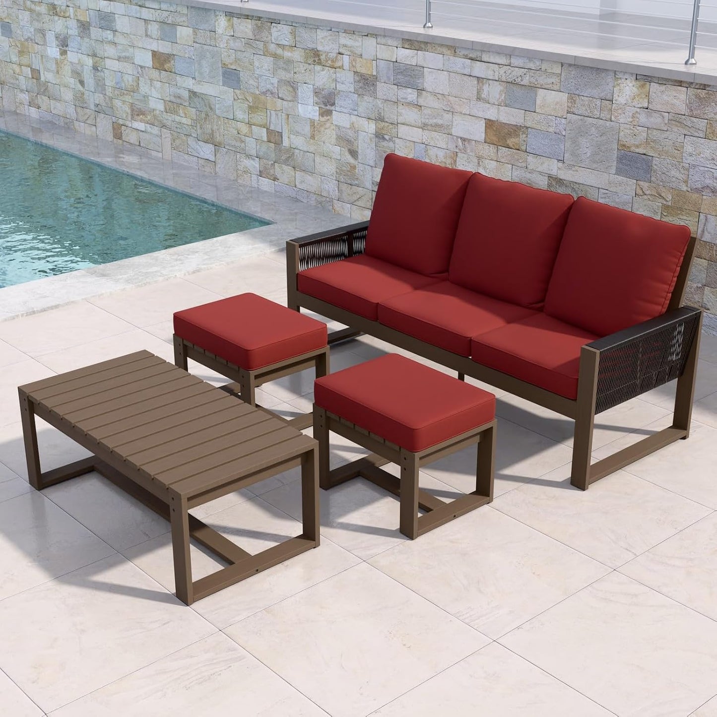 EAGLE PEAK Natural Wood Outdoor Patio Furniture, Cedar Furniture, Conversation Set, Outdoor Seating for Deck Patio Porch, Sofa, 2 Ottomans & Coffee Table, 4 Pieces, Brown/Red