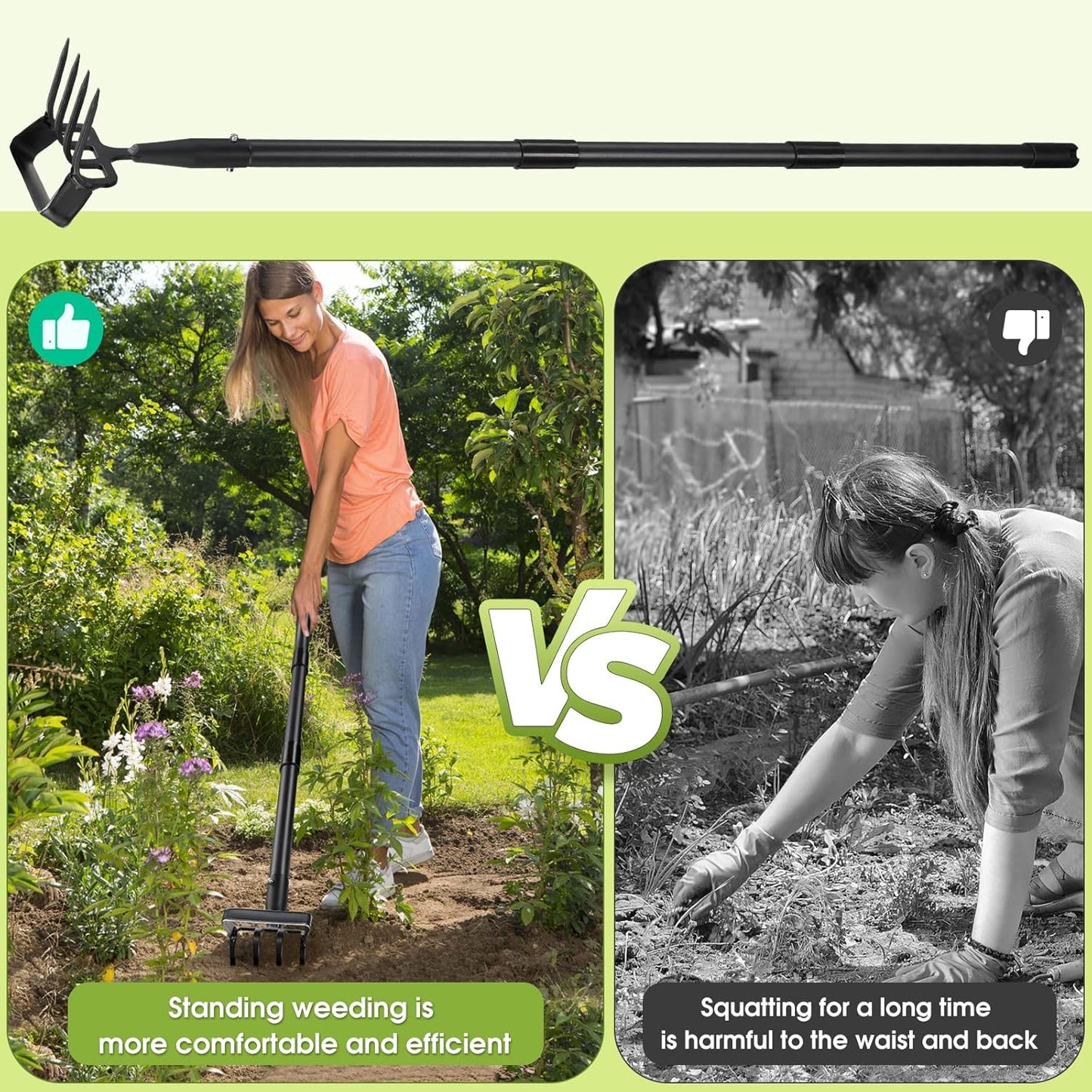 INFLATION Stirrup Hand Hula Hoe Heavy Duty Metal Gardening Weed Puller Tool 4 Tines Prong 2-in-1 Herb Stripper Yard Rake for Women Kids Men Garden Grandpas Weeder 32-62 inch Long Adjustable Handle