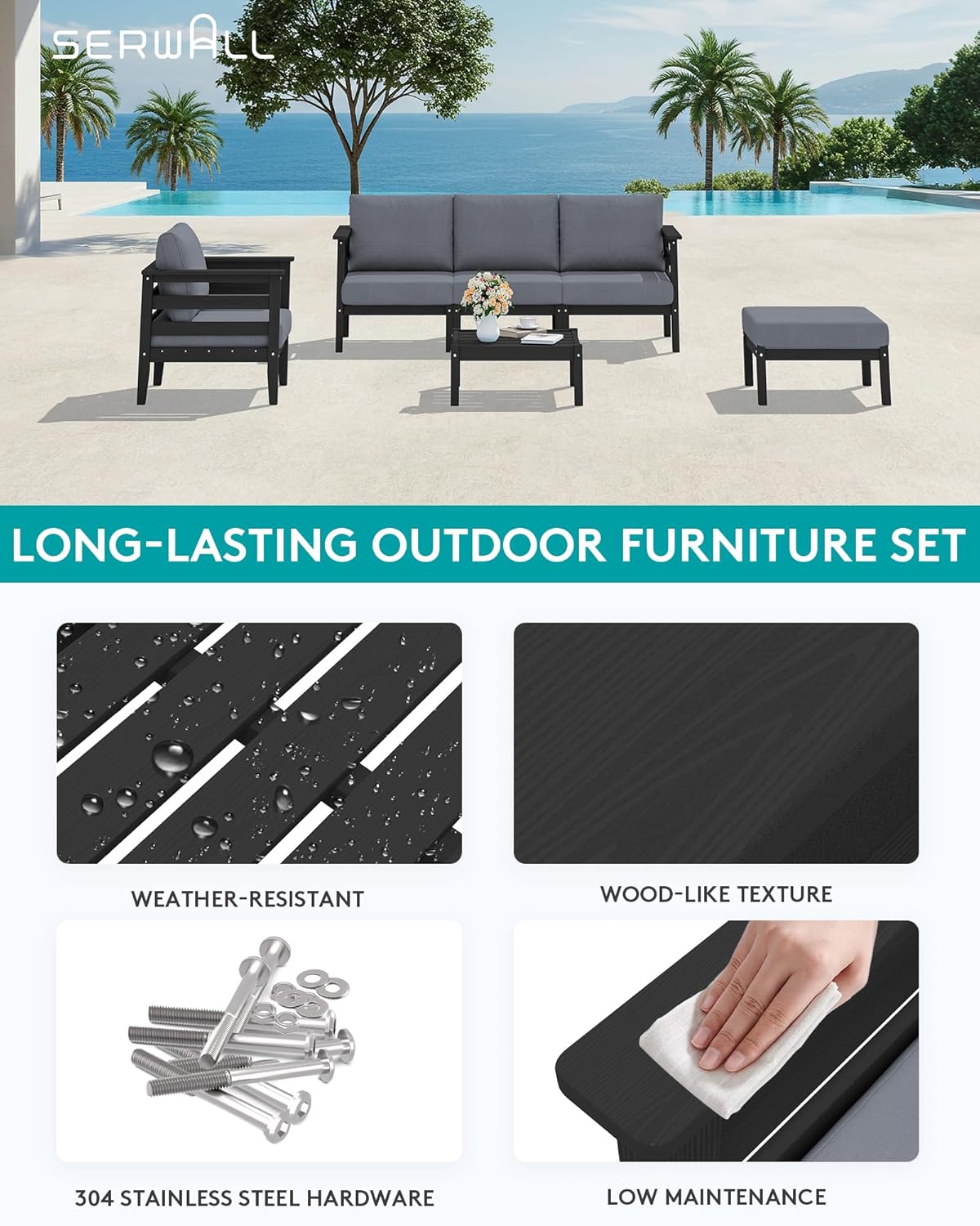 SERWALL HDPE Patio Furniture Set, 6 Pieces Outdoor Sectional Sofa Set, All-Weather Wood-Like Outdoor Sofa Couch with Coffee Table for Deck, Lawn, Black Frame with Grey Cushion