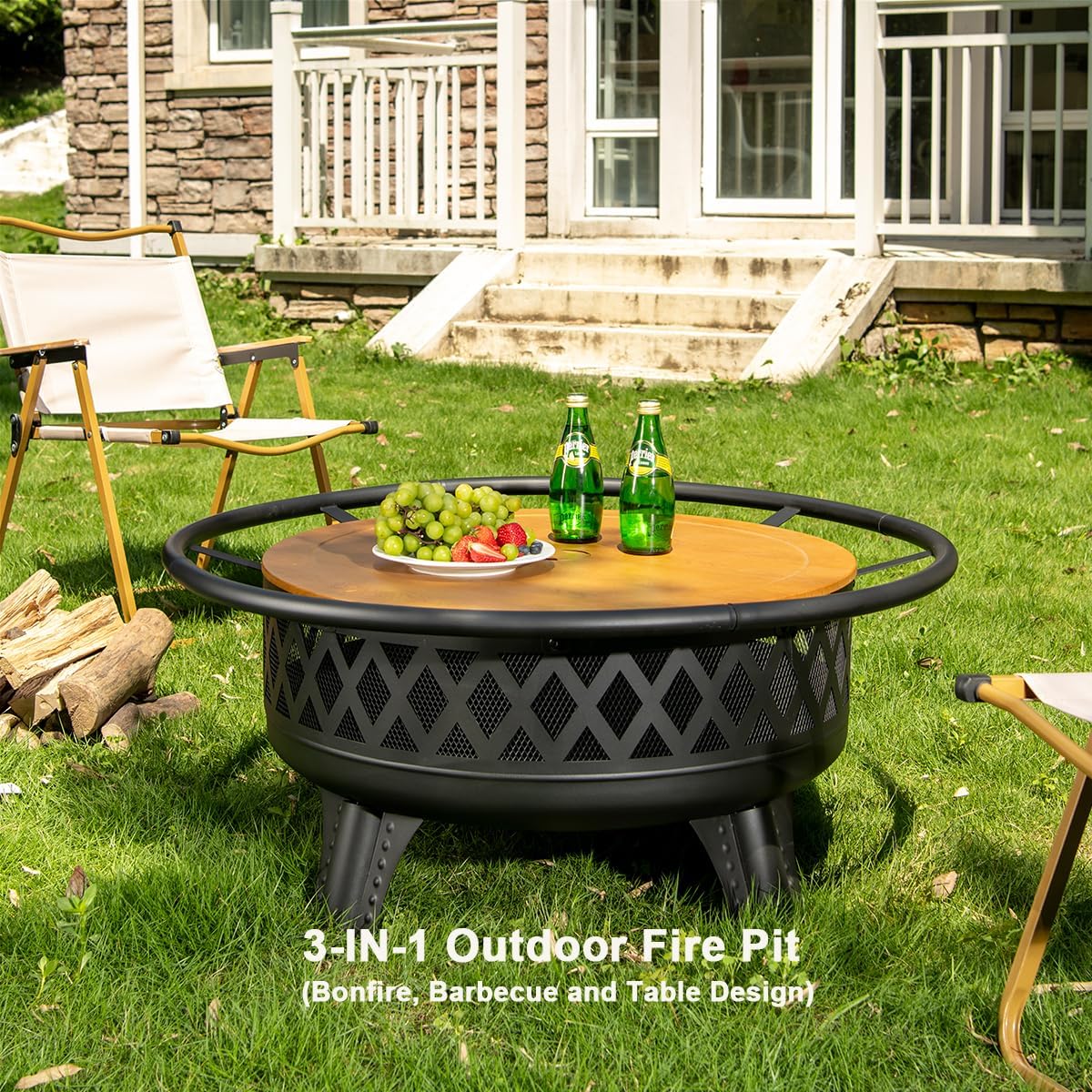 38 Inch Wood Burning Fire Pit for Outside, Round Firepit with Grill & Metal Lid, Metal Outdoor Fire Pit Table for Patio Backyard Garden Bonfire Party