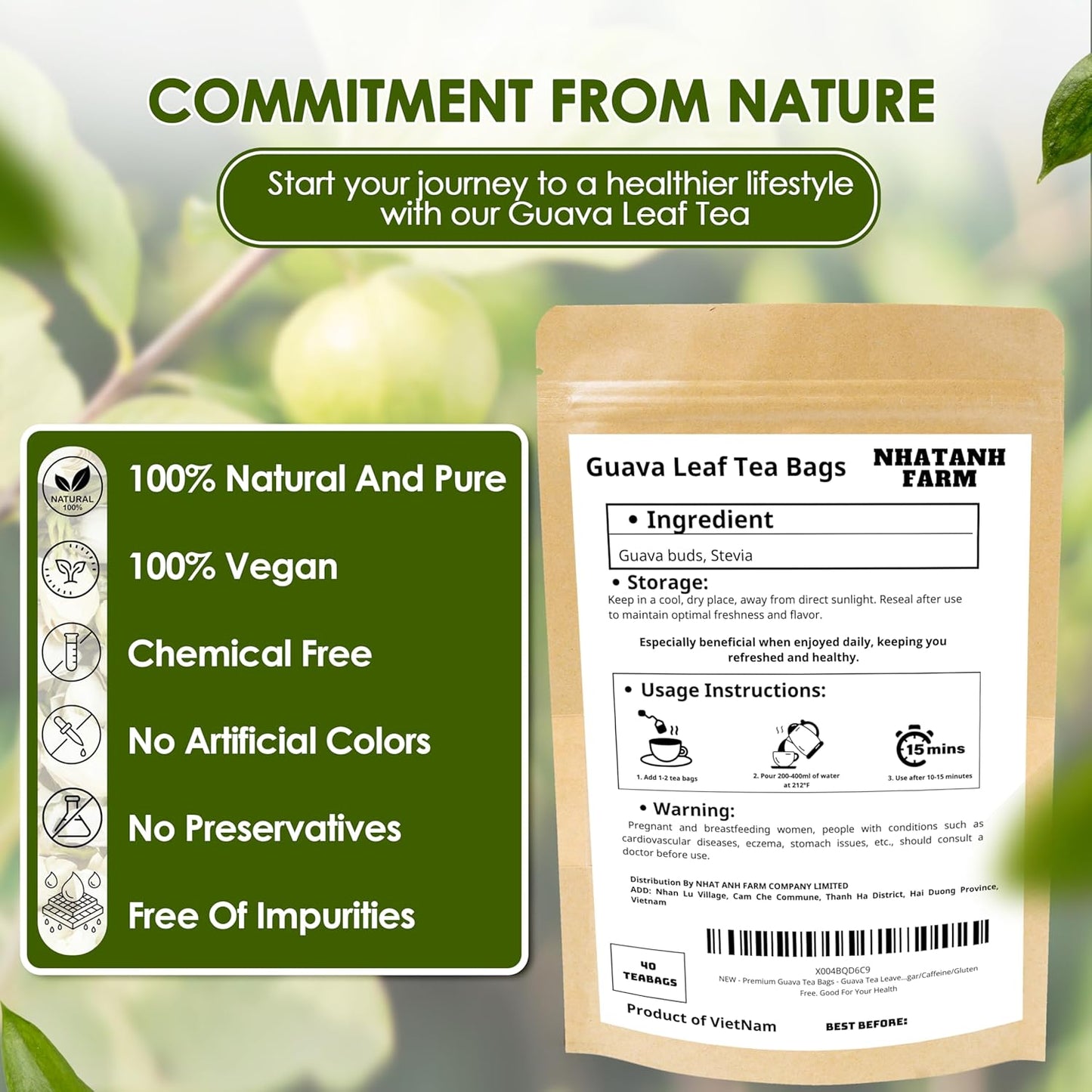 NHAT ANH FARM - Premium Guava Tea Bags - Dried Guava Leaves 40 Tea Bags, 2.5g/bag) - 100% Natural And Pure, Sugar/Caffeine/Gluten Free. Good For Your Health