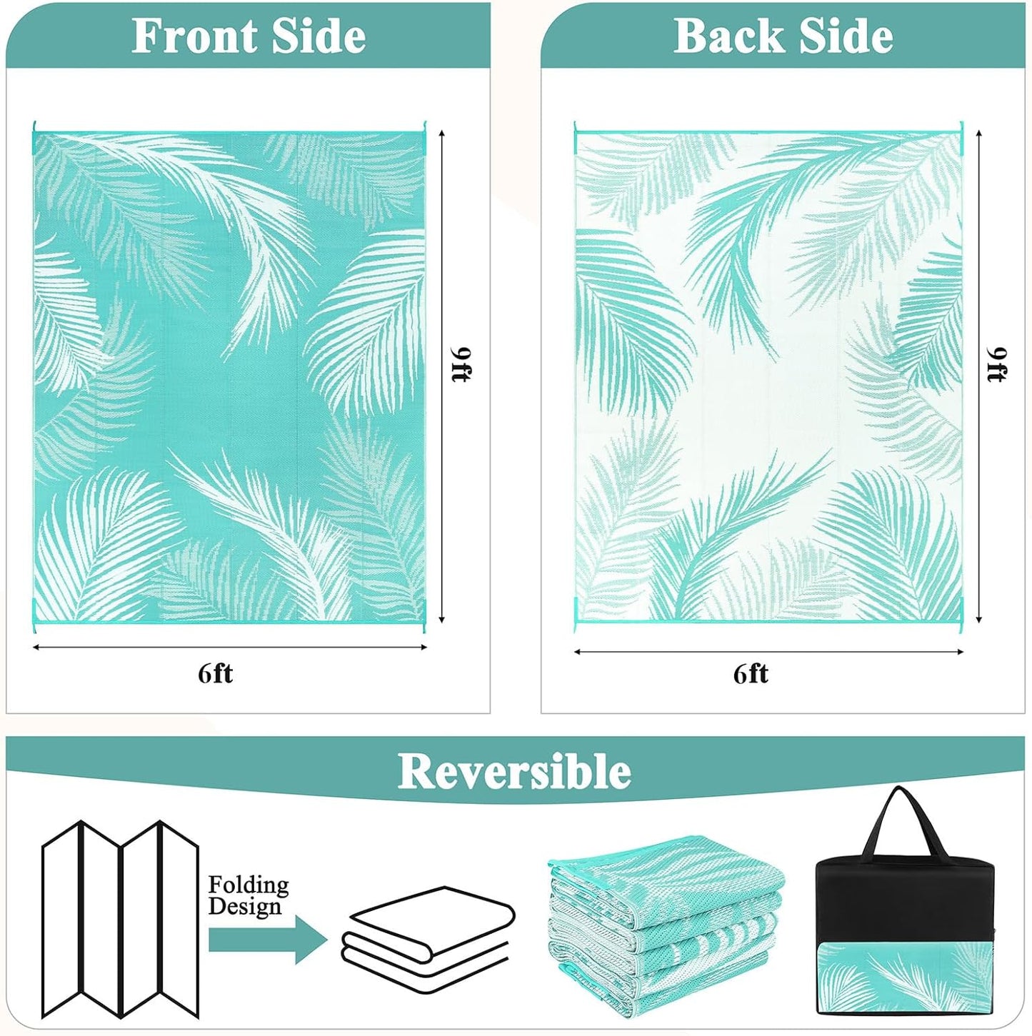 Pauwer Waterproof Outdoor Rug 6x9, Reversible Plastic Straw Patio Camping Rug, Indoor Outdoor RV Mat Carpet for Deck, Camper, Porch, Balcony, Backyard, Picnic, Leaf Light Blue