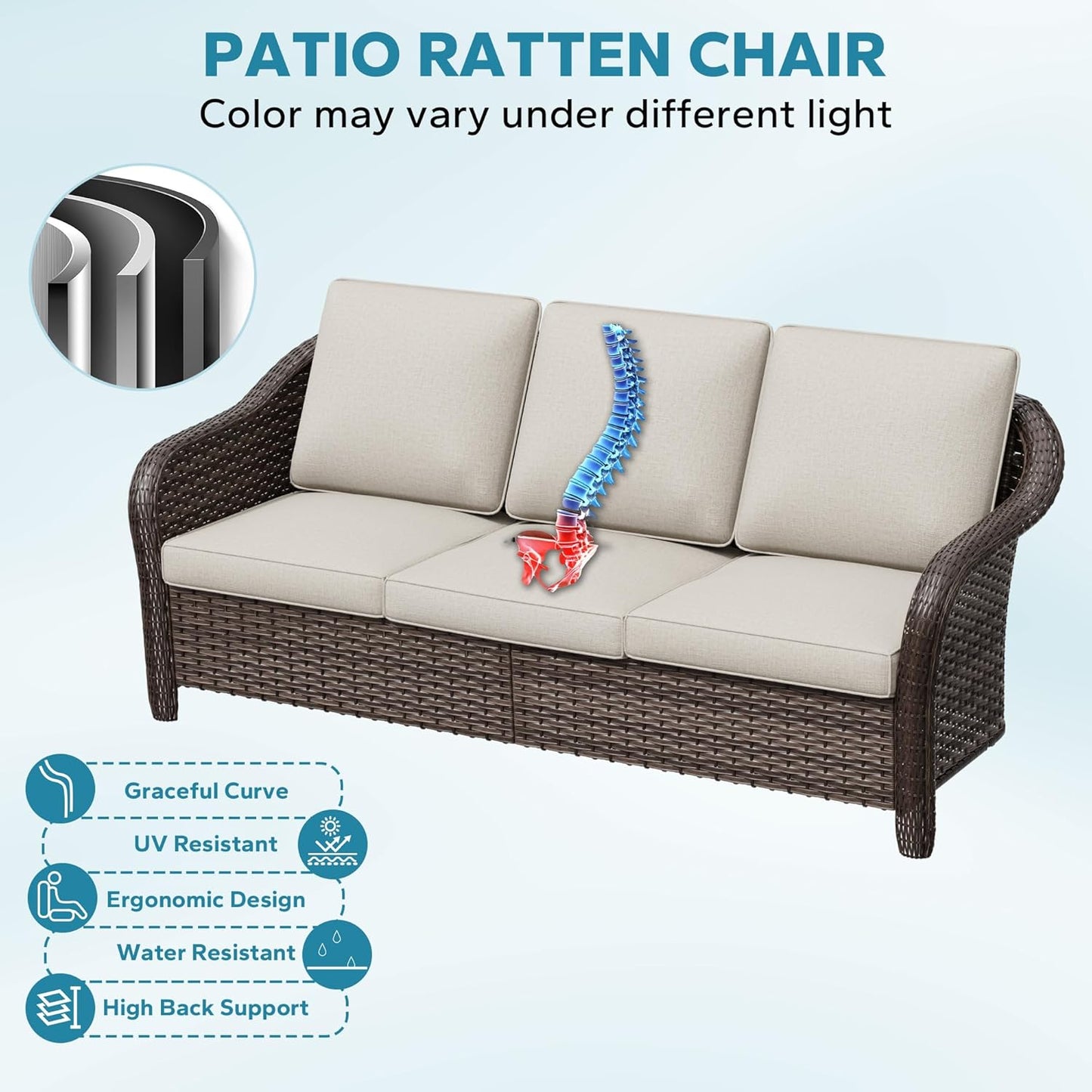 78" Wicker 3-seat Sofa, Outdoor Conversation Furniture, All-Weather Rattan Couch, Steel Frame Couch with Cushions for Garden, Poolside, Porch (Beige)