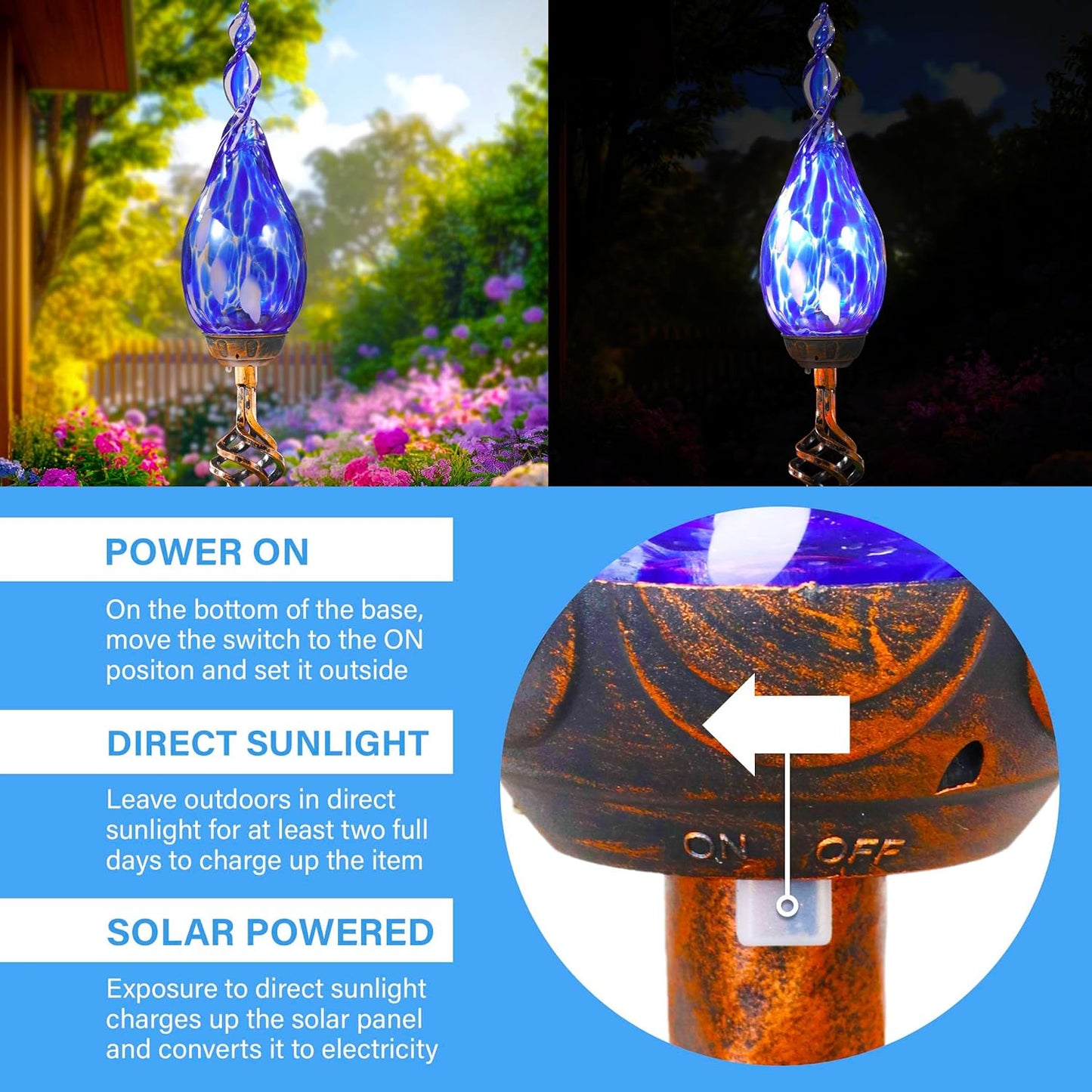 Solar Garden Lights, Decorative LED Flame Garden Stakes, Hand Blown Glass and Outdoor Waterproof Glass Stakes (Dark Blue)