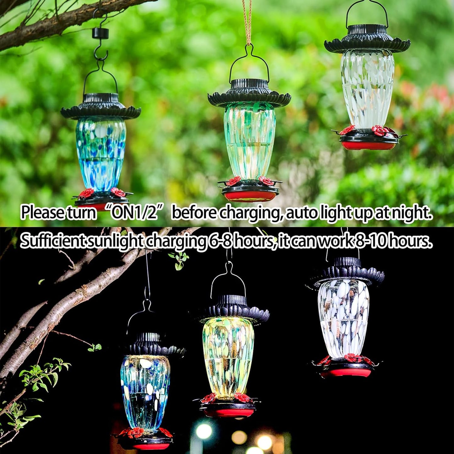 Muse Garden Solar Hummingbird Feeders for Outdoors Hanging, 38oz Hand Blown Glass Humming Bird Feeders for Garden Decor, Moms Birthday Unique, Green