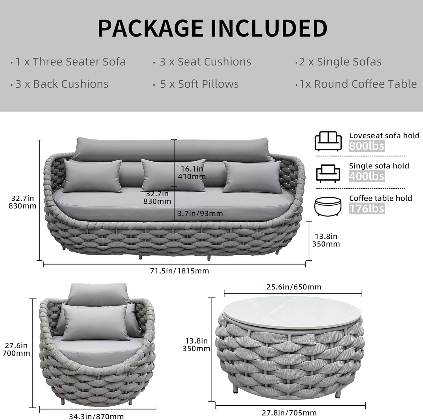 Aluminum Modern Patio Set Three Seater Sofa Outdoor Furniture Set w/Coffee Table,Patio Conversation Set with Hand Woven Teslin Rope for Bedroom Backyard Poolside, Light Grey