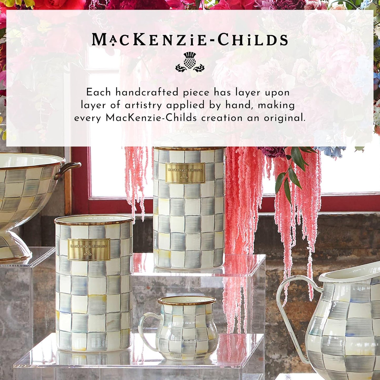 MACKENZIE-CHILDS Pedestal Tabletop Urn, Decorative Centerpiece for Table, Mantel, or Shelf, Tall, Gray-and-White Sterling Check