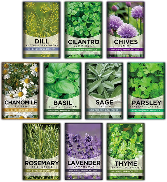 10 Kit Non-GMO Growing into Thyme, Lavender, Chamomile, Dill, Chives, Cilantro, Rosemary, Basil, Parsley, Sage Indoor/Outdoor for Kitchen Windowsill Gardening Gift