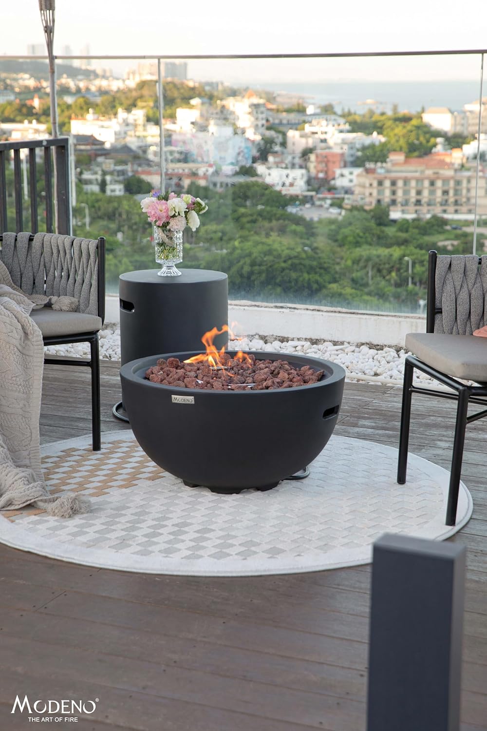AMS Fireplace | Modeno Jefferson Package | Black Natural Gas Fire Pit Table for Outside Patio Bundle with SS Burner Lid | Free Ice Bucket