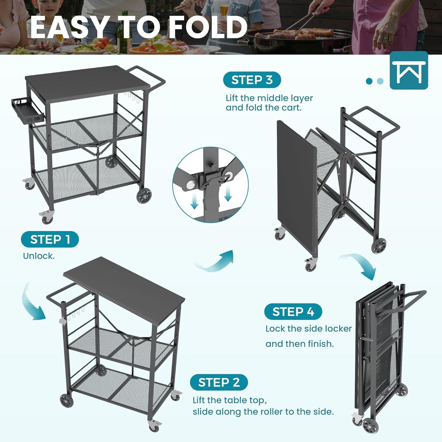 Ciokea Folding Outdoor Grill Cart with Wheels, 3-Shelf Grill Table with 27x18 in Table Top, Rolling Pizza Oven Stand, Metal Portable Cart for BBQ Patio Camping (All Black)