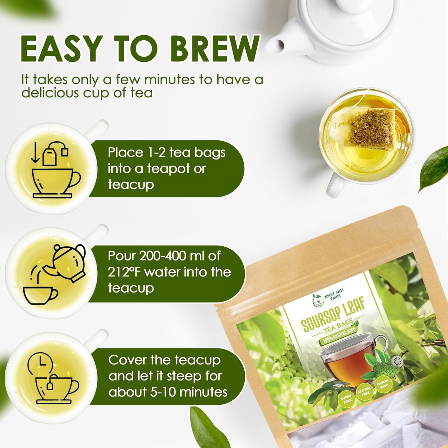 NHAT ANH FARM - Premium Soursop Leaves Tea Bags - Dried Soursop Graviola Leaves 40 Teabags, 2.5g/bag - Sugar/Caffeine/Gluten Free. Support Healthy Skin & Sleep
