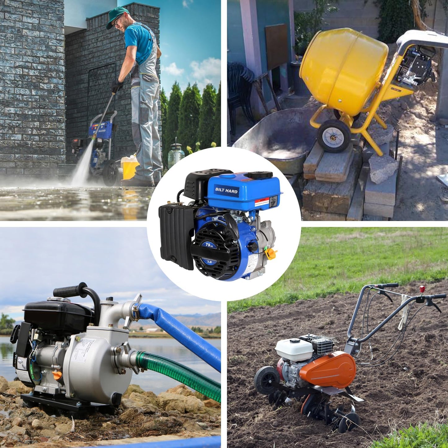 BILT HARD Gas Engine 79cc 2 HP, Gas Motor for Log Splitter, Pressure Washer and Water Pump, EPA & CARB Certified, 4 Stroke OHV Horizontal Shaft with Recoil Start