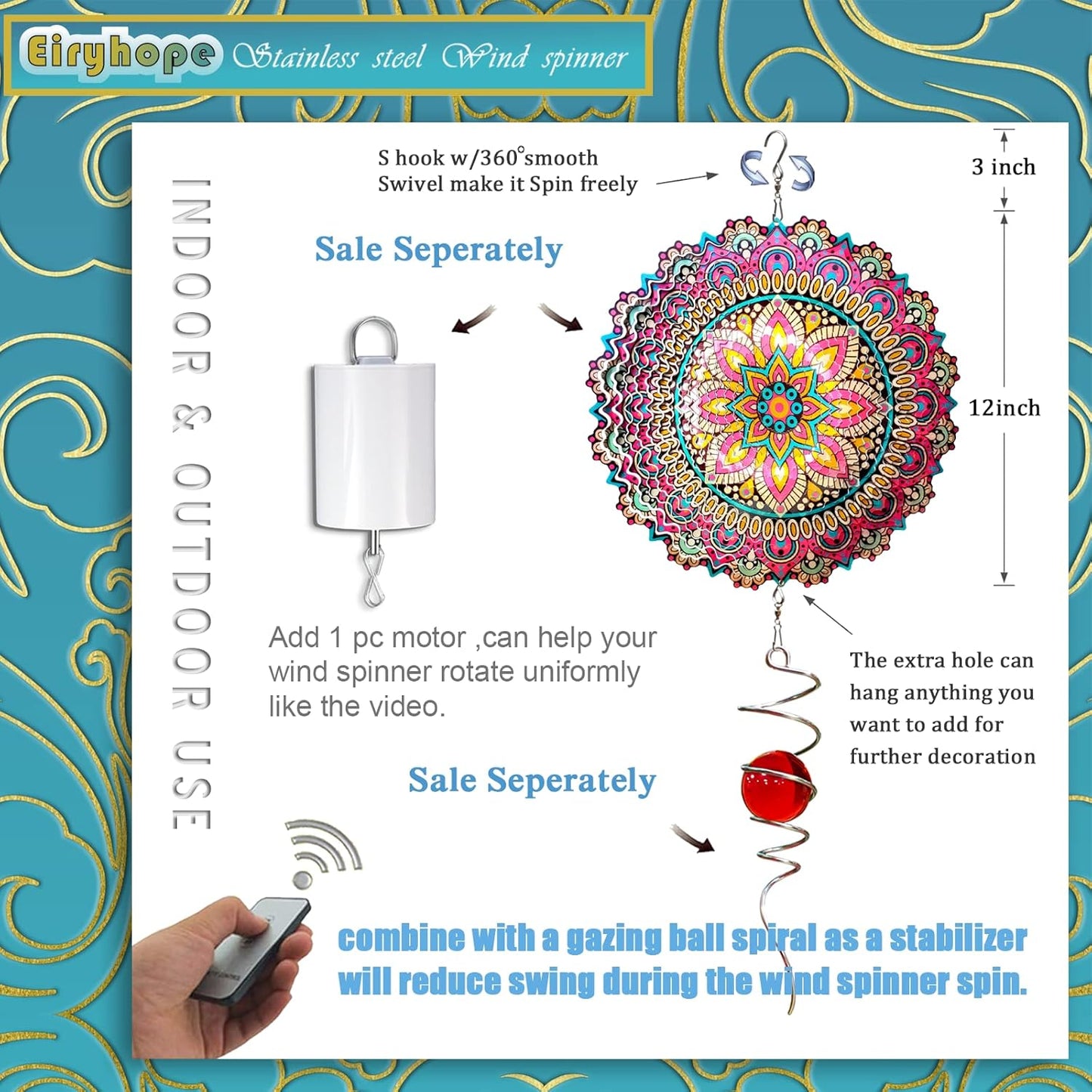 Mandala Blossom Wind Spinner - Metal Wind Spinners | 12inch 3D Kinetic Laser Cut Hanging Wind Sculpture & Wind Catcher | Outdoor Decor for Garden, Patio, Yard Art