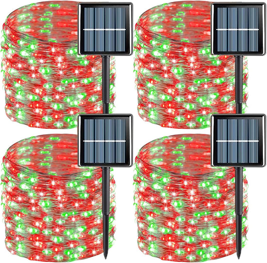 QITONG 4 Pack Red and Green Solar Christmas Lights, Each 33ft 100 LED Fairy Lights Outdoor Waterproof, 8 Modes Mini Twinkle String Lights for Outside