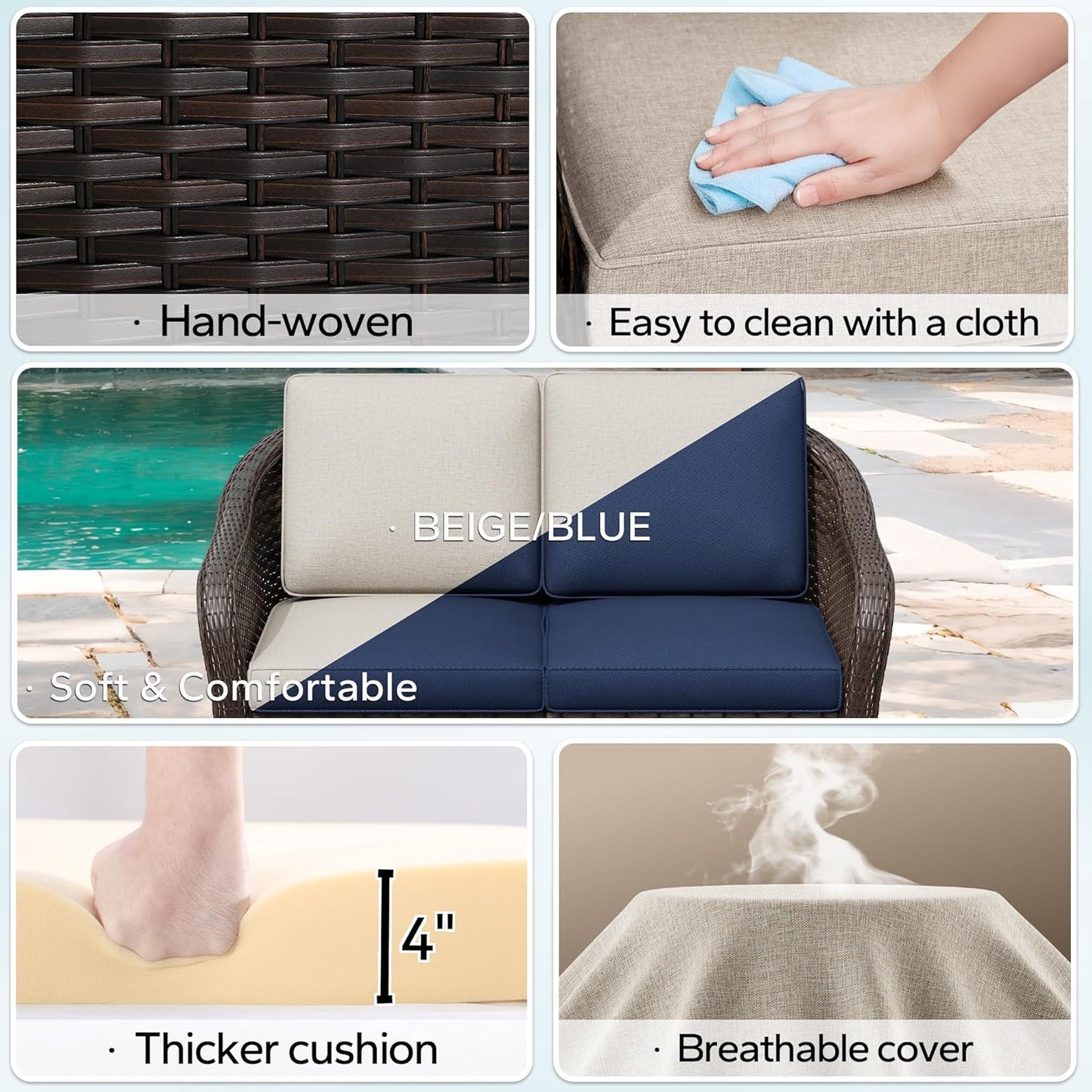 4 Pieces Outdoor Conversation Furniture Set, 55" Patio Couch，47" Metal Coffee Table, 2 Chairs, Rattan Wicker Sofa with Removable Cushions for Bistro, Deck (Beige)