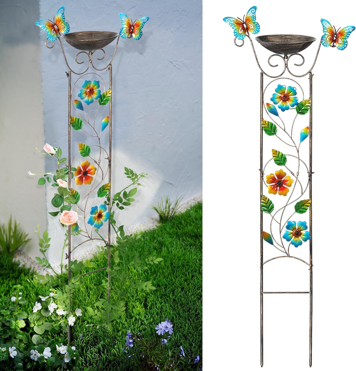 SUNNYPARK Bird Bath with Trellis Outdoor, Antique Garden Iron Plant Trellis with Decorative Floral-Butterflies Detachable Bird Bath Bowl Metal Potted Plants Support for Climbing Flowers