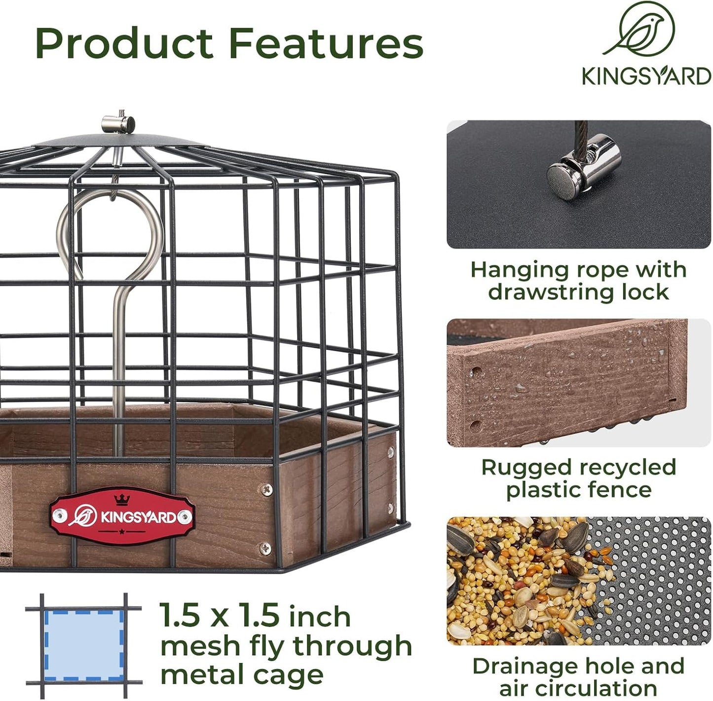 Kingsyard Squirrel Proof Platform Bird Feeders for Outdoor Hanging, Caged Bird Feeder for Small Wildbirds Finches, Recycled Plastic Feeding Platform with Metal Seed Tray, Brown