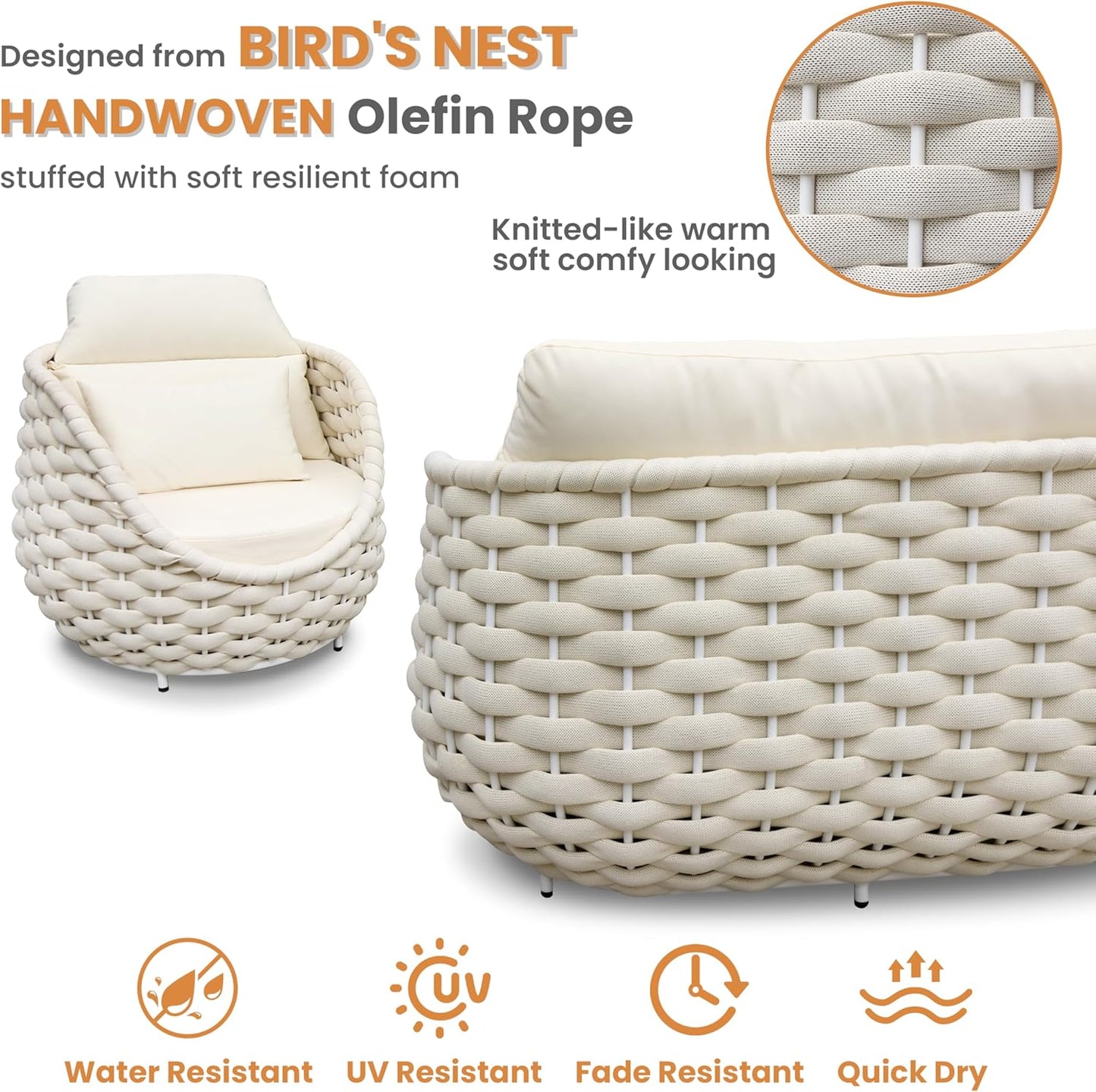 Woven Rope Outdoor Sofa Set: 4 Pieces Aluminum Patio Conversation Set Assembled - All Weather Cushioned Porch Furniture Couch - Modern Metal Lounge Set for Deck Yard Resort Hotel Sunroom, Beige