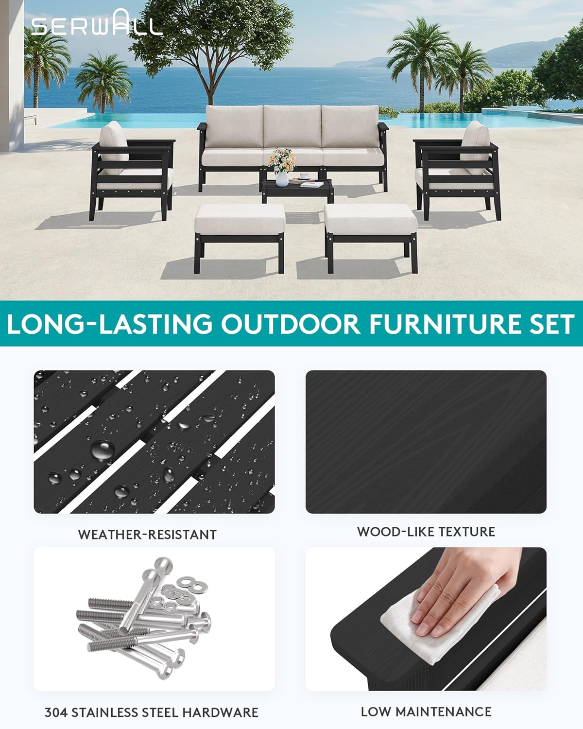 SERWALL HDPE Patio Furniture Set, 8 Pieces Composite Outdoor Furniture, All-Weather Wood-Like Outdoor Sofa Couch with Coffee Table for Deck, Lawn, Black Frame with Khaki Cushion