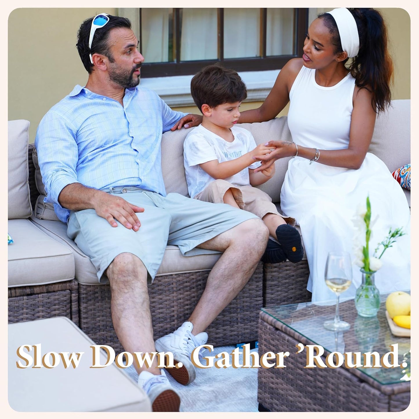 7 Pieces Patio Furniture Set - All-Weather Outdoor Wicker Sectional Conversation Sofa, Rattan Patio Seating Sofa Set with Cushion and Glass Table for Porch Poolside, Brown/Beige