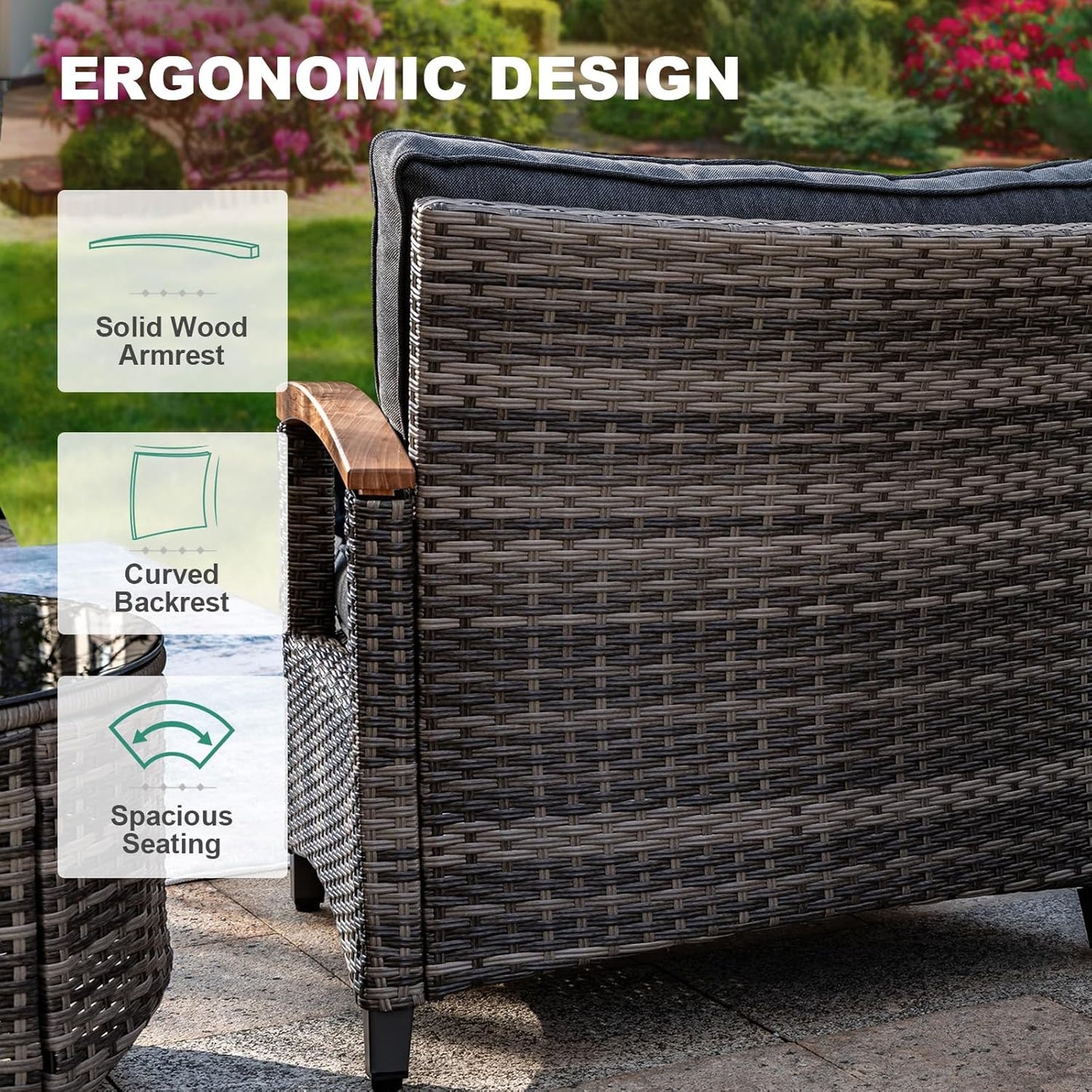 11 Piece Outdoor Patio Furniture Set, Half-Moon Curved Sectional Sofa Rattan Conversation Set with Wood Armrests, Coffee Table & 2 Side Table（Grey）