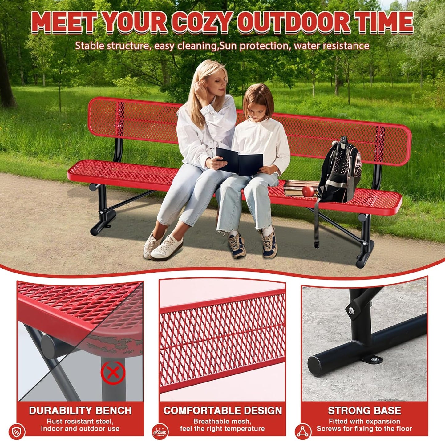 8Ft Heavy Duty Park Bench with Back Portable Frame, Outdoor Steel Bench with Backrest, Expanded Metal Mesh Bench for Lawn, Park, Deck, Garden, Patio, Porch, Red