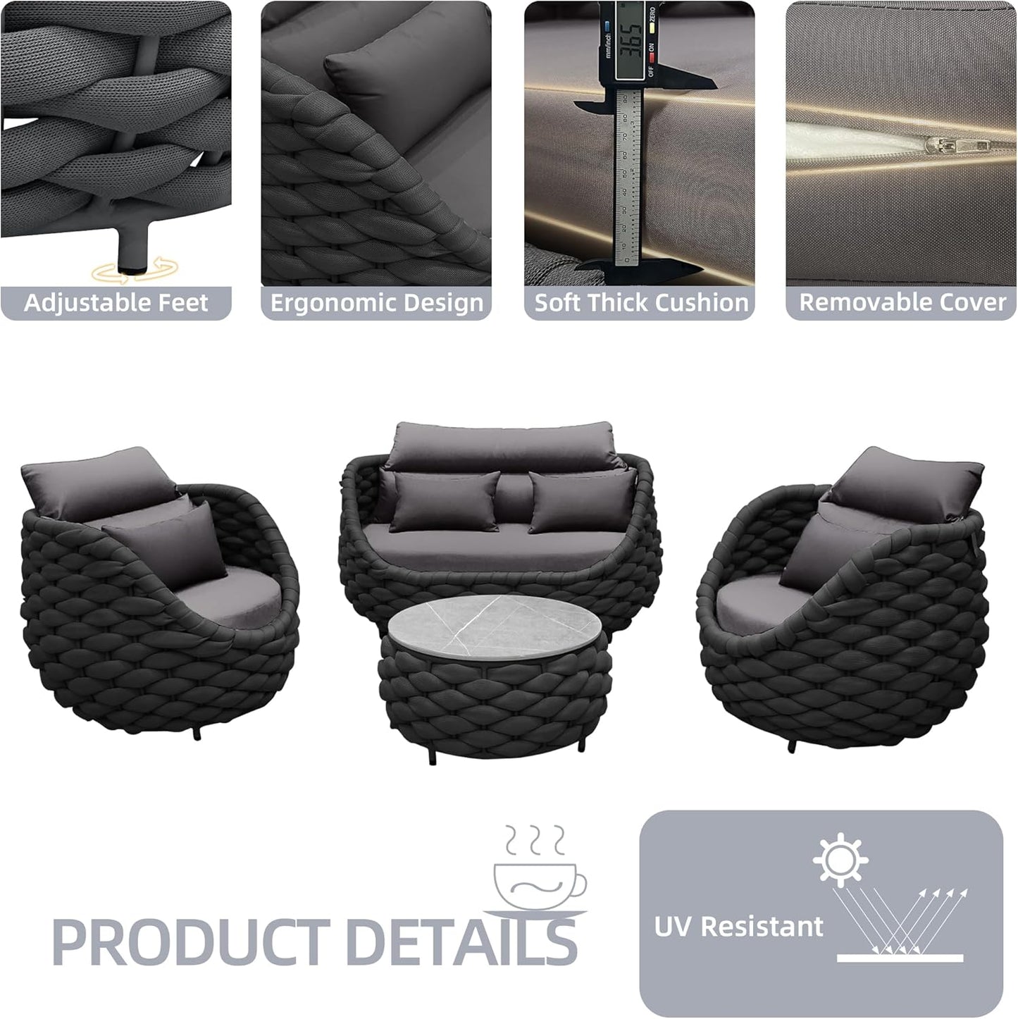 TWT Patio Furniture Set 4 Pieces Aluminum Outdoor Furniture w/27.8in Coffee Table,Patio Conversation Set with Hand Woven Polyester Rope for Backyard Garden Poolside,Dark Gray