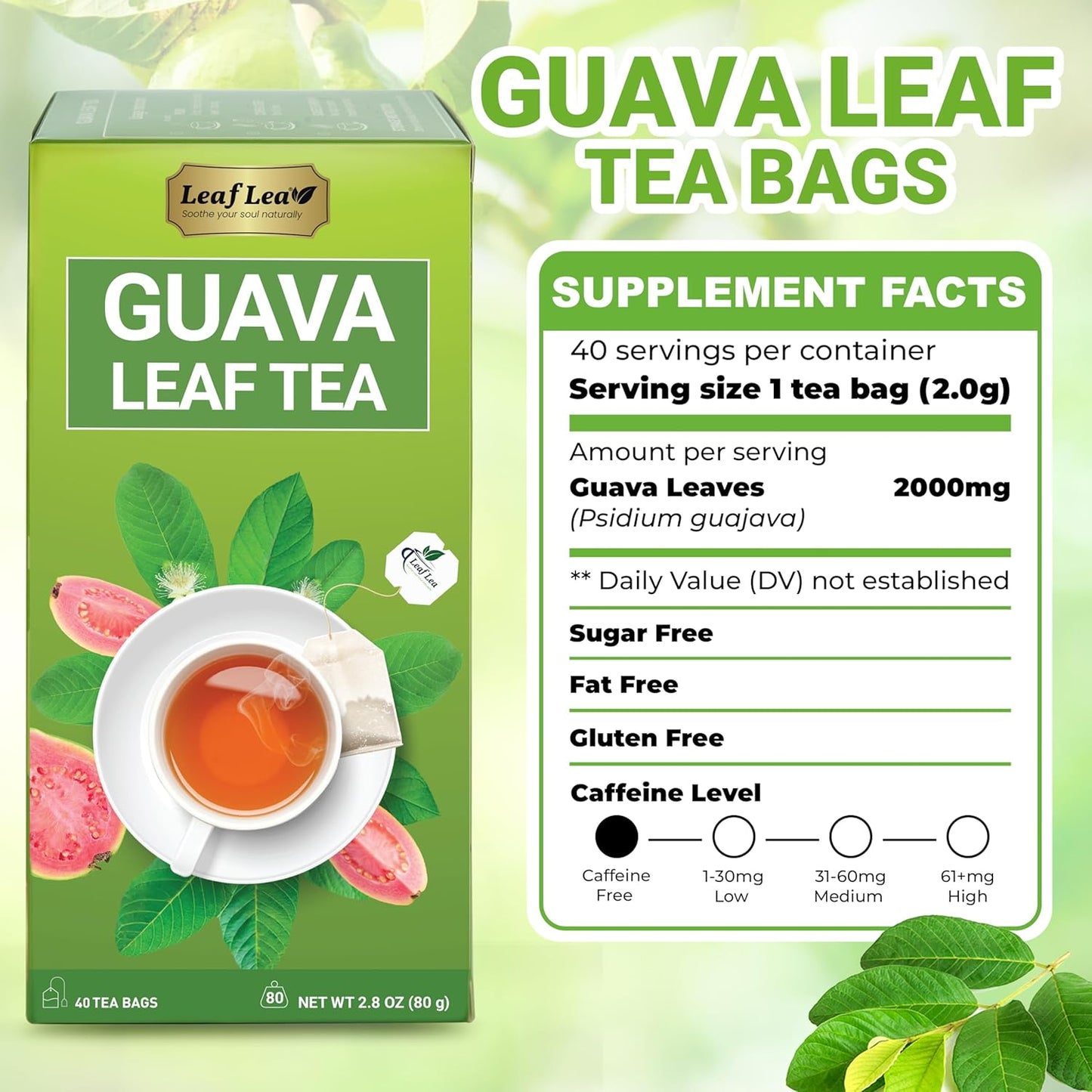 LeafLea 120 Guava Leaf Tea Bags, Premium Natural Herbal Tea, 100% Hojas De Guayaba, Caffeine-Free, Non-GMO, Supports Digestion & Immune Health, Packed with Natural Goodness