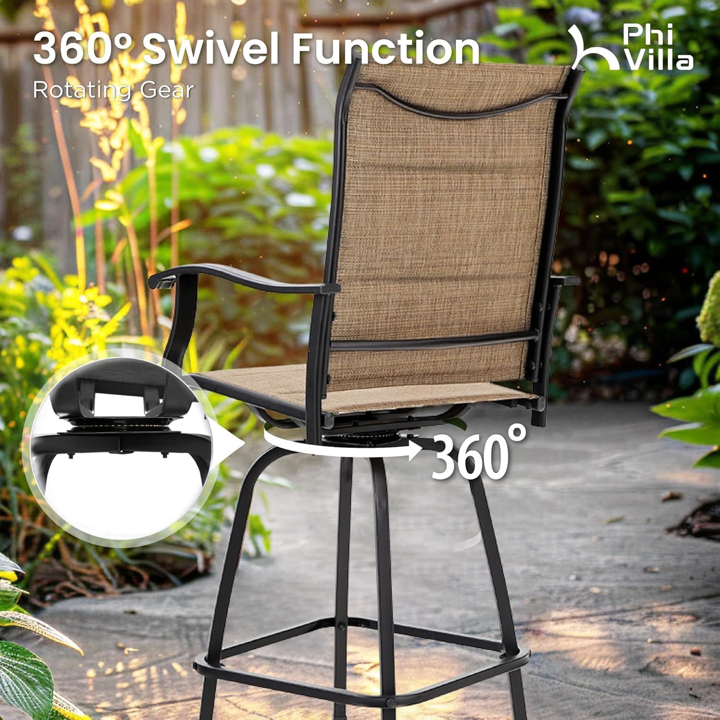 PHI VILLA 3 Piece Outdoor Swivel Bar Stools Set, Bar Height Patio Set with 2 Padded Textilene Fabric Chairs, All-Weather High Top Patio Bistro Table and Chairs Furniture, Brown