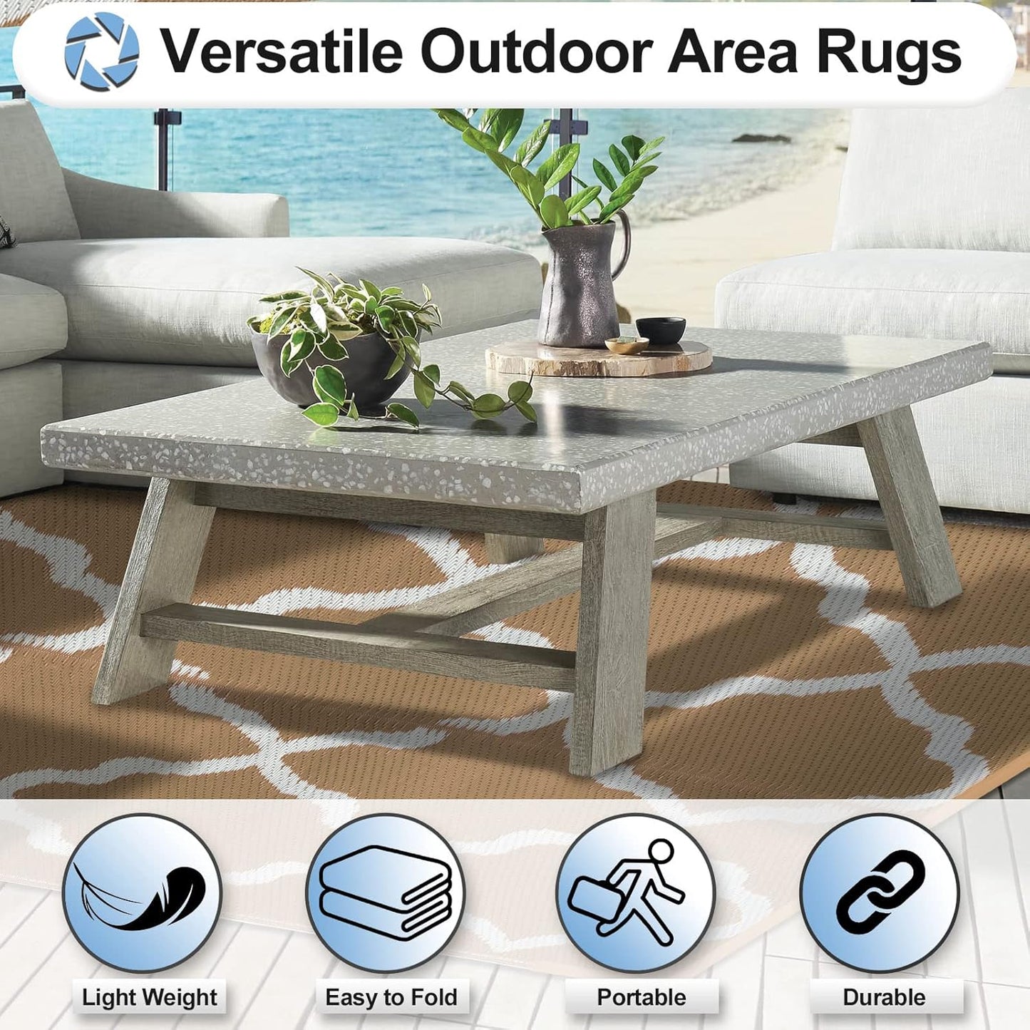 OutdoorLines Outdoor Plastic Area Rugs for Patio 5x8 ft - Reversible Outside Carpet, Stain & UV Resistant RV Mats, Straw Rug for Camping, Deck Garden, Porch and Balcony, Moroccan/Brown & Light Grey