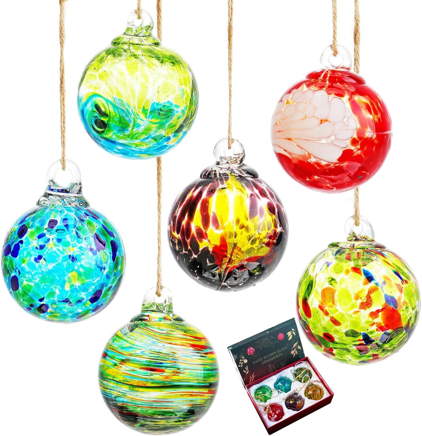 6pcs Hand-Blown Glass Christmas Ornaments Balls Hanging Glass Balls Witches Ball Gazing Ball for Home Window Outdoor Garden Patio Xmas Tree Décor