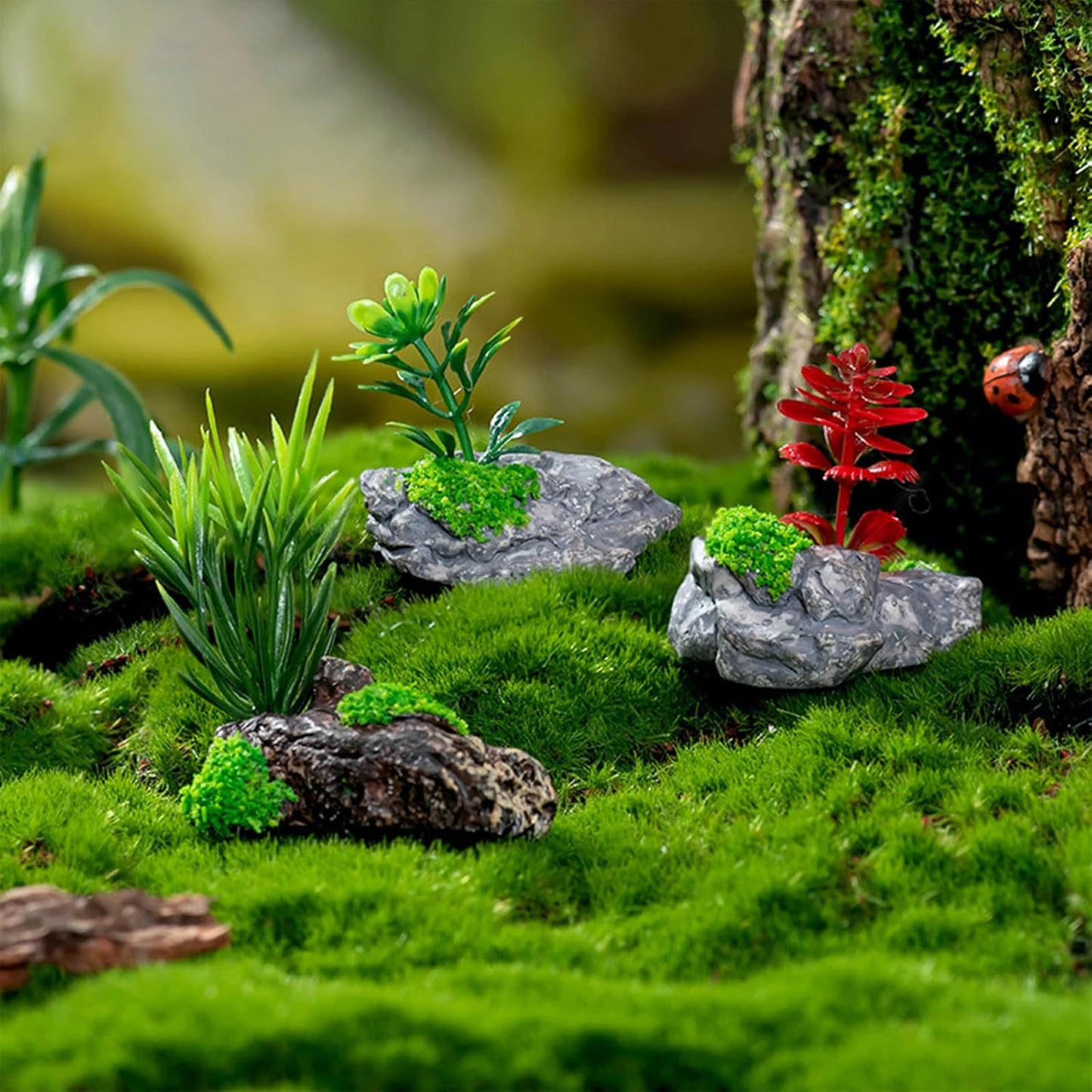 Miniature Fake Stone Rocks, Trees with Plants - 7 Piece Decorative Landscape Ornaments for Train Railway Sand Table Fairy Garden Accessories